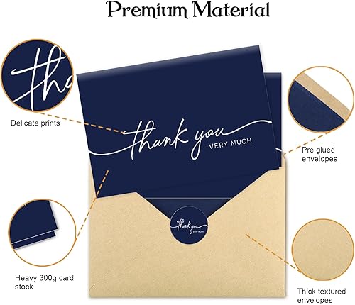 Miniatura 4 de Paquete de 30 tarjetas de agradecimiento con sobres, tarjetas de agradecimiento azul marino, 4 x 6 pulgadas, elegante tarjeta de agradecimiento para