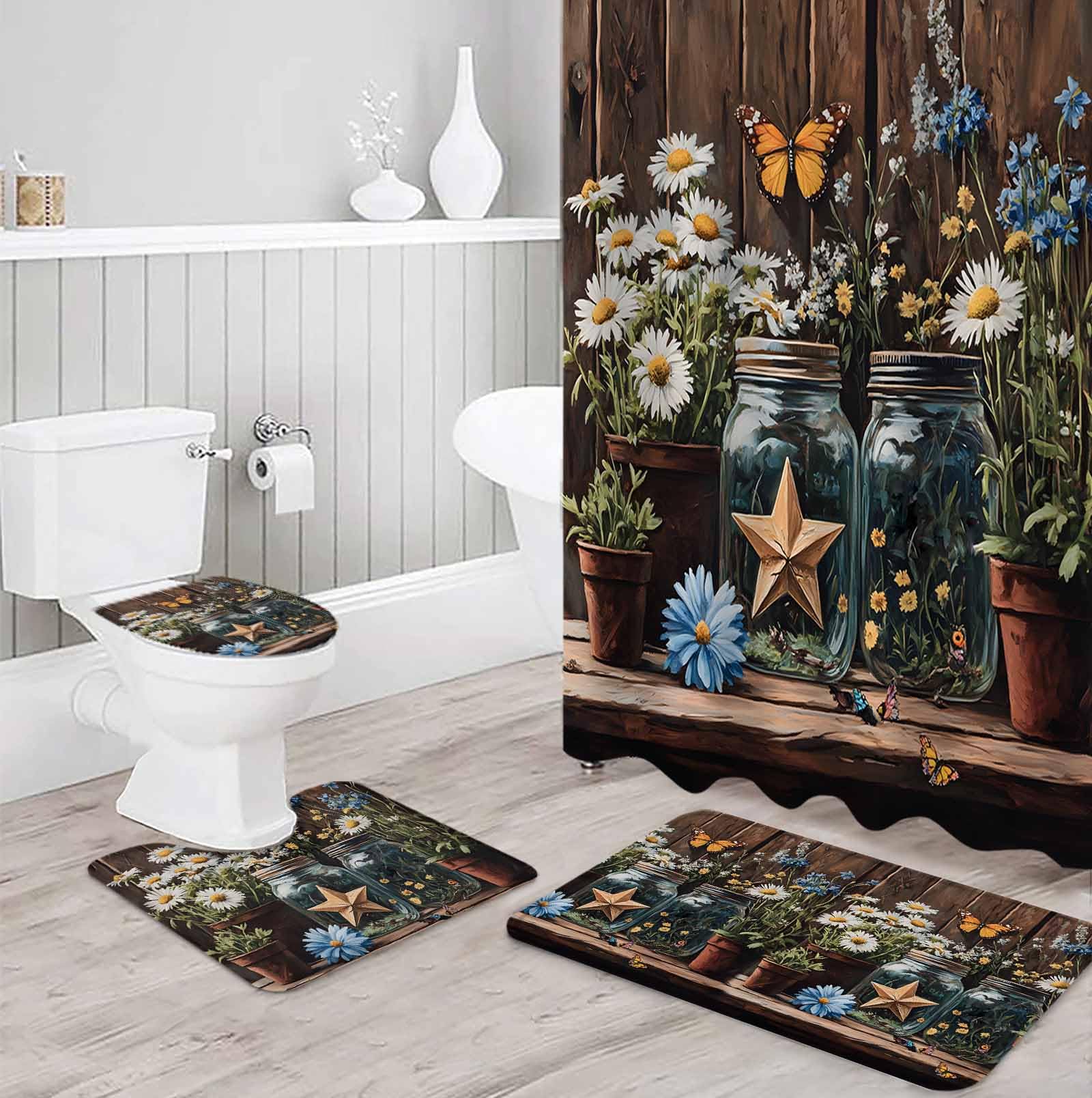 Flowers Floral Bathroom Set with Shower Curtain and Rug Accessories - 36x72 Inches Long Western Texas Star Farmhouse Brown Lodge Stall Curtain Waterproof with Large Bath Mat,Washable Runner Rug Set