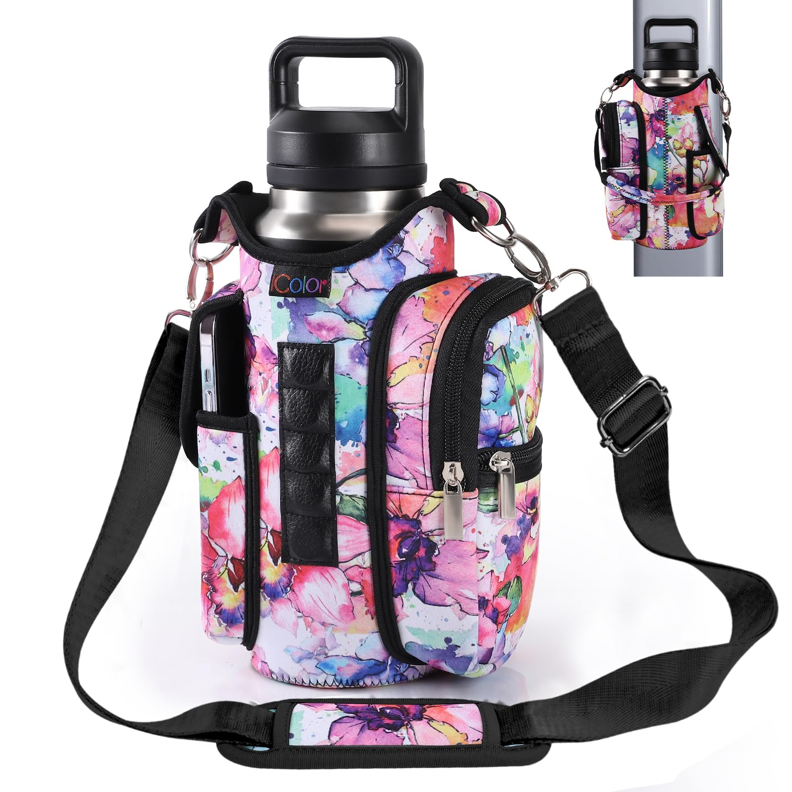 icolor Magnetic Gym Bag Water Bottle Carrier Holder with Phone Pockets & Shoulder Strap,5 Built-in Magnets Gym Bottle Pouch Sleeve,Magnetic Bag Gym Accessories Organizer for Men Women