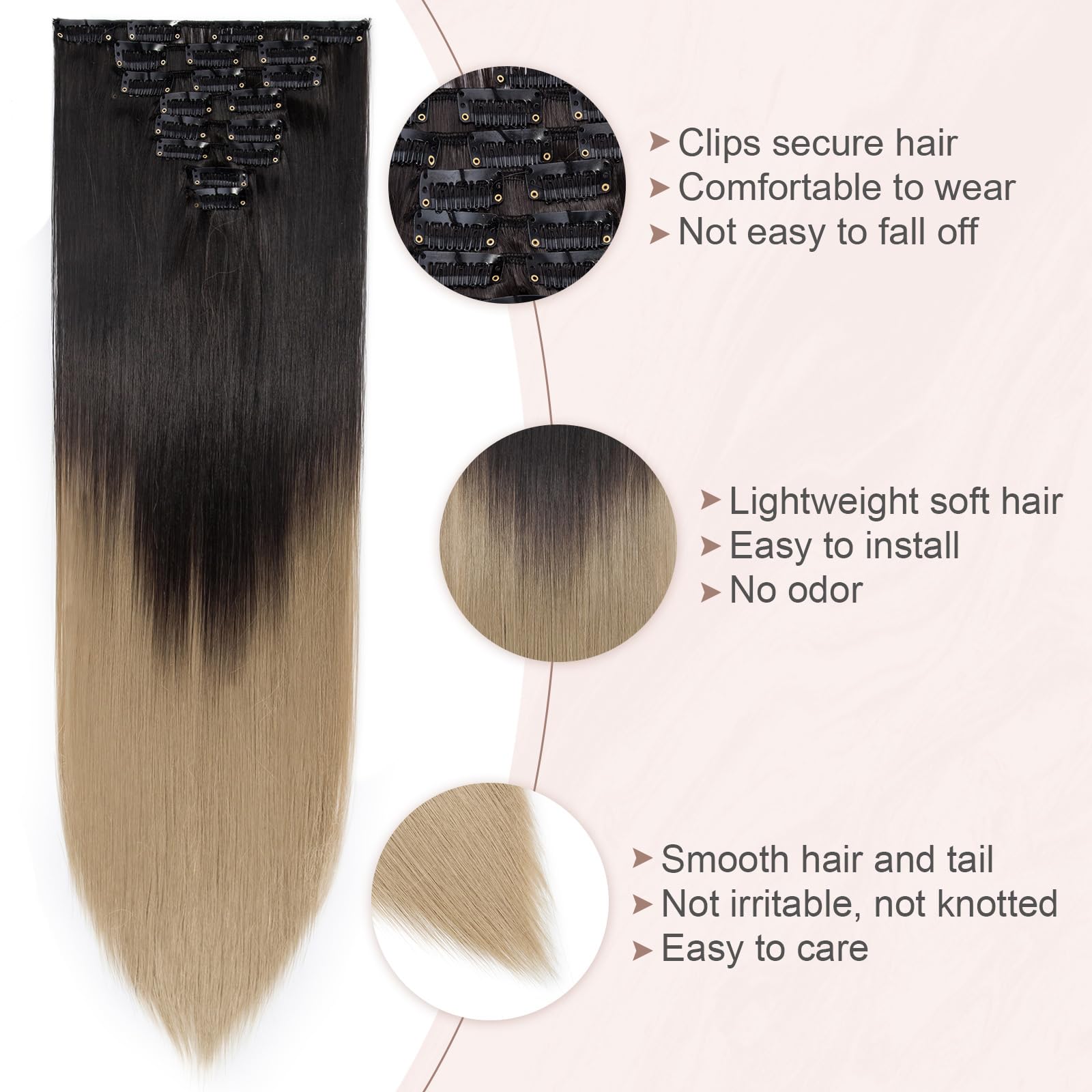 SEGOHAIR Hair Extensions Clip in 8Pcs 18 Clips Synthetic Fiber Seamless 26" Long Straight Full Head -Dark Brown to Ash Blond - Image 4