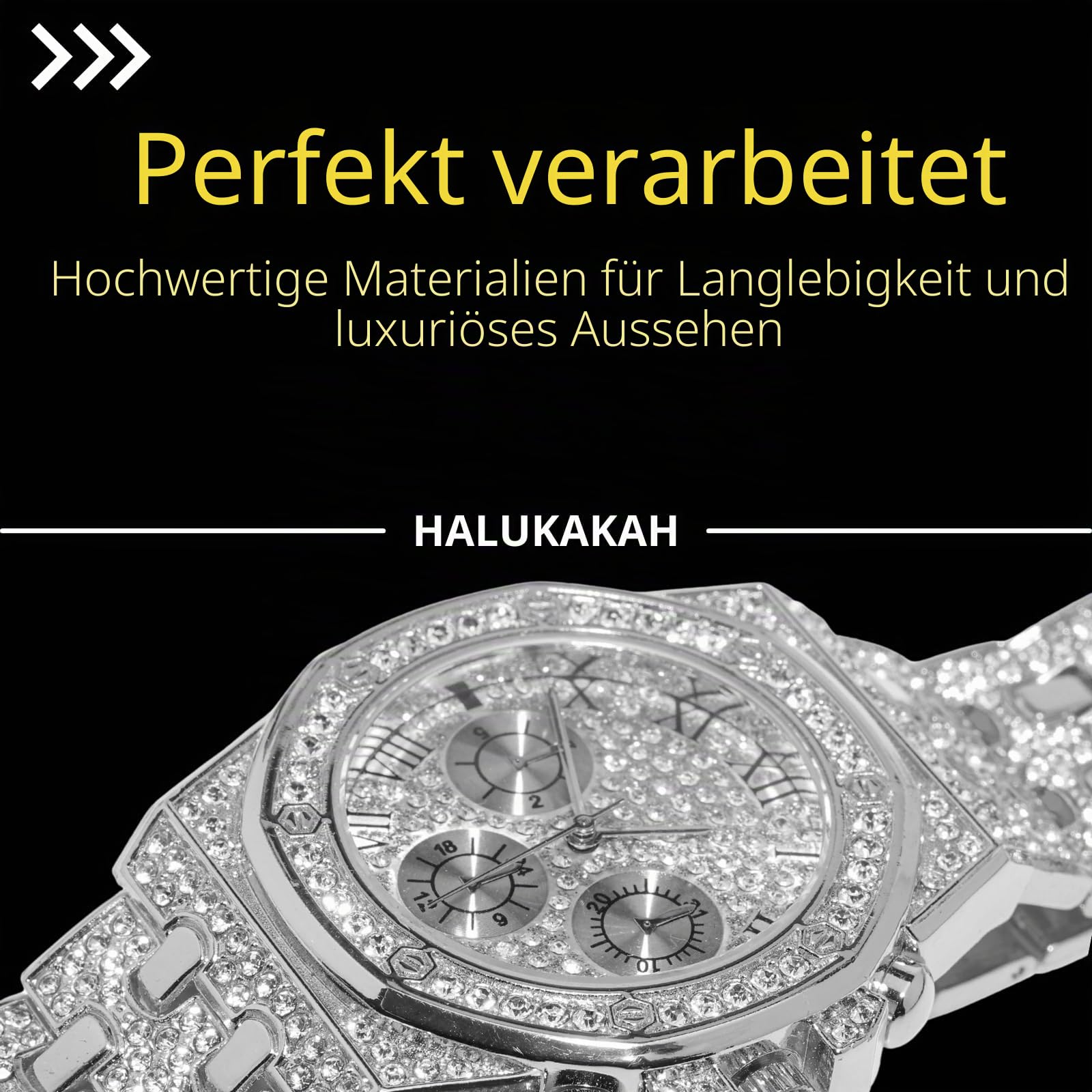 Halukakah Diamanten Gold Uhr für Jungen,Teenager - 18K Echtgold/Platin Platiniert,40mm Achteckiges Zifferblatt mit Römischen Zahlen - 20cm Länge -Optional mit Cuban Gliederkette,mit Anpassungswerkzeug
