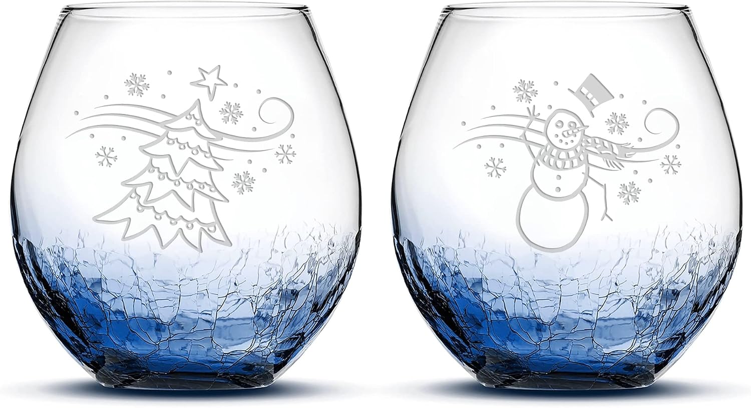Integrity Bottles Crackle Stemless Wine Glasses, Set of 2, Windy Christmas Set, Hand Etched 18oz Stemless Gifts, Made in USA, Sand Carved (Blue)