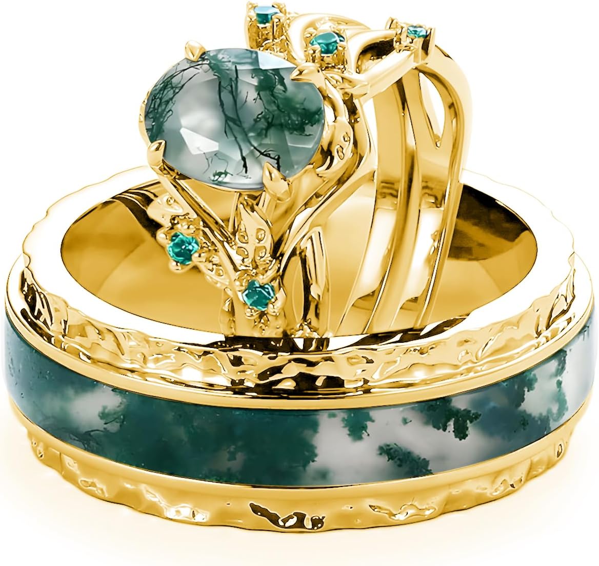 Natural Moss Agate Couple Wedding Rings Sets, S925 10K 14K 18K Oval Cut Moss Agate Engagement Rings Set for Man and Women, Customized His and Her 3pcs Green Promise Bands for Anniversary