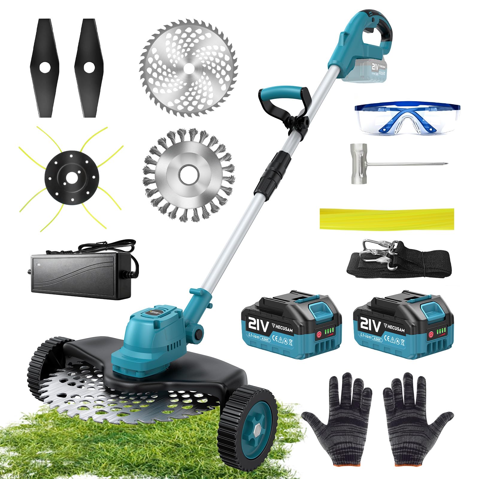 Rasentrimmer für Makita Akku, Upgrade 4 in 1 Freischneider Akku mit 2 * 4.0Ah und 4 Arten Klingen, Bürstenloser Motor, mit Seitlichen RäDern füR Einfaches Trimmen Der Kanten. (Bleu Clair)