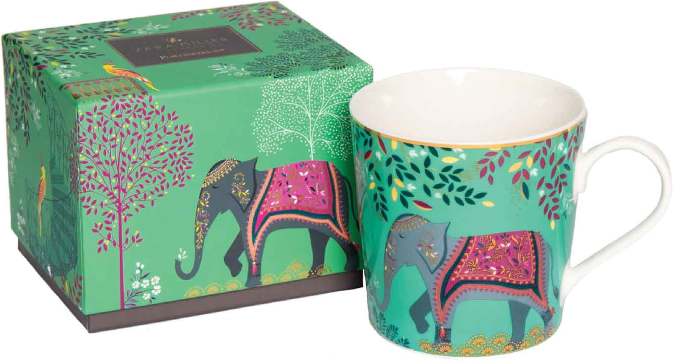 x Sara Miller London Elephant's Oasis Coffee Mug with Handle - India Collection, Elegant and Sophisticated with 22 Carat Gold Detailed, Light Jade Green, 344ml