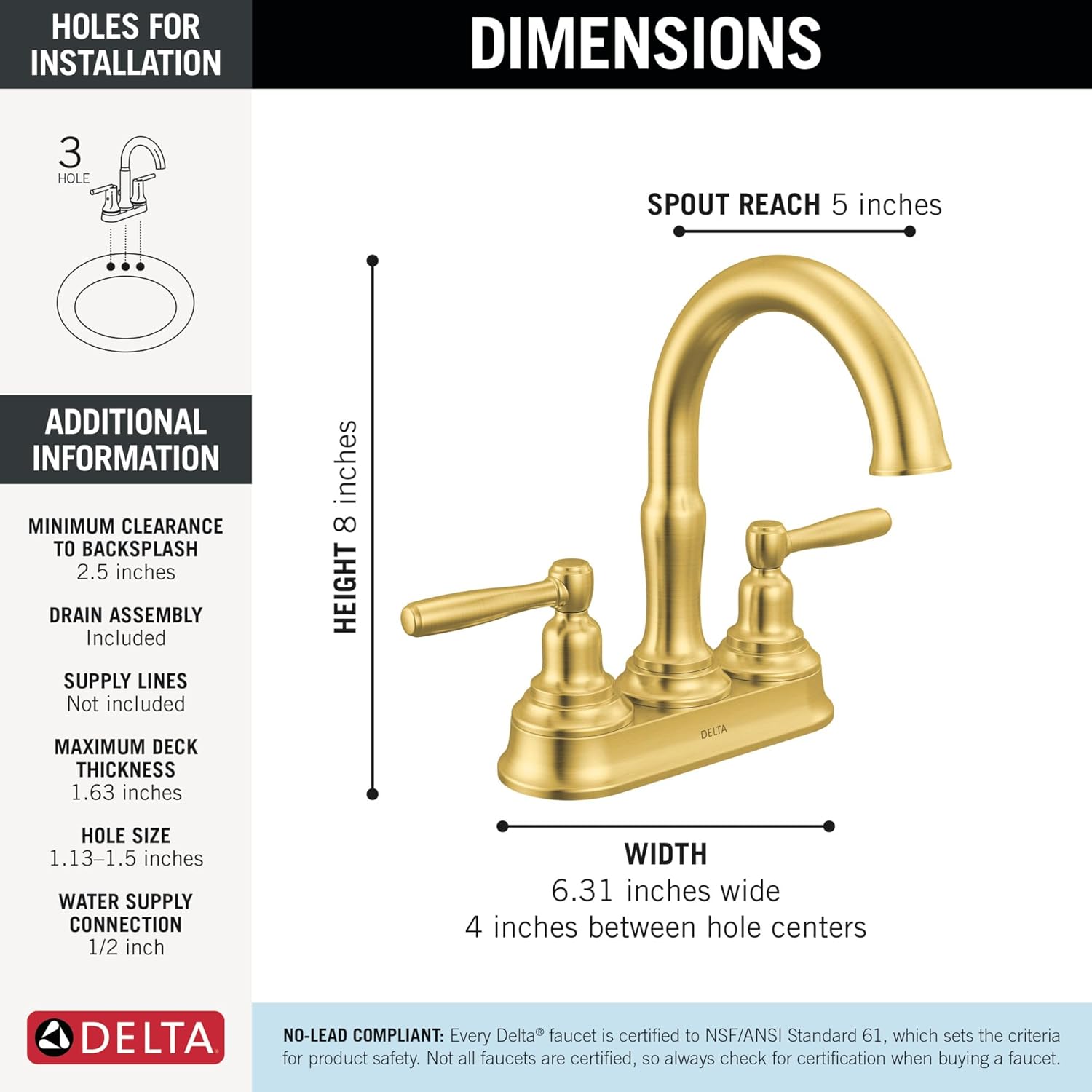 Delta Roe Centerset Brushed Gold Bathroom Faucet, 4 Inch 3 Hole Bathroom Sink Faucet for Vanity, Push-Pop Drain Assembly, Brushed Gold 25985LF-GB