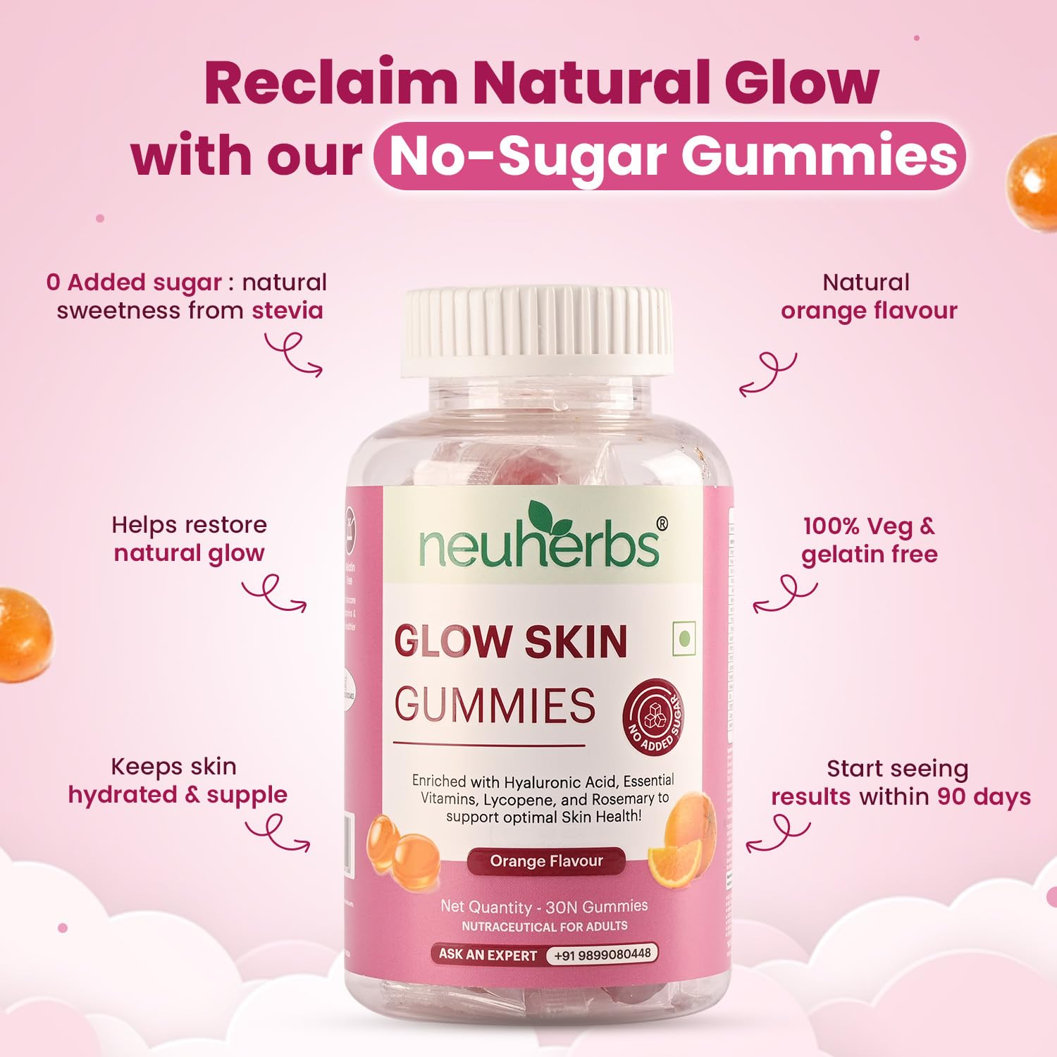 Neuherbs Glow Skin 30 Gummies For Men & Women With Hyaluronic Acid,Vitamins,Lycopene & Rosemary To Support Healthier & Youthful Skin Health,Natural Orange Flavoured,100% Vegetarian,Gelatin Free Neuherbs Glow Skin 30 Gummies For Men & Women With Hyaluronic Acid,Vitamins,Lycopene & Rosemary To Support Healthier & Youthful Skin Health,Natural Orange Flavoured,100% Vegetarian,Gelatin Free