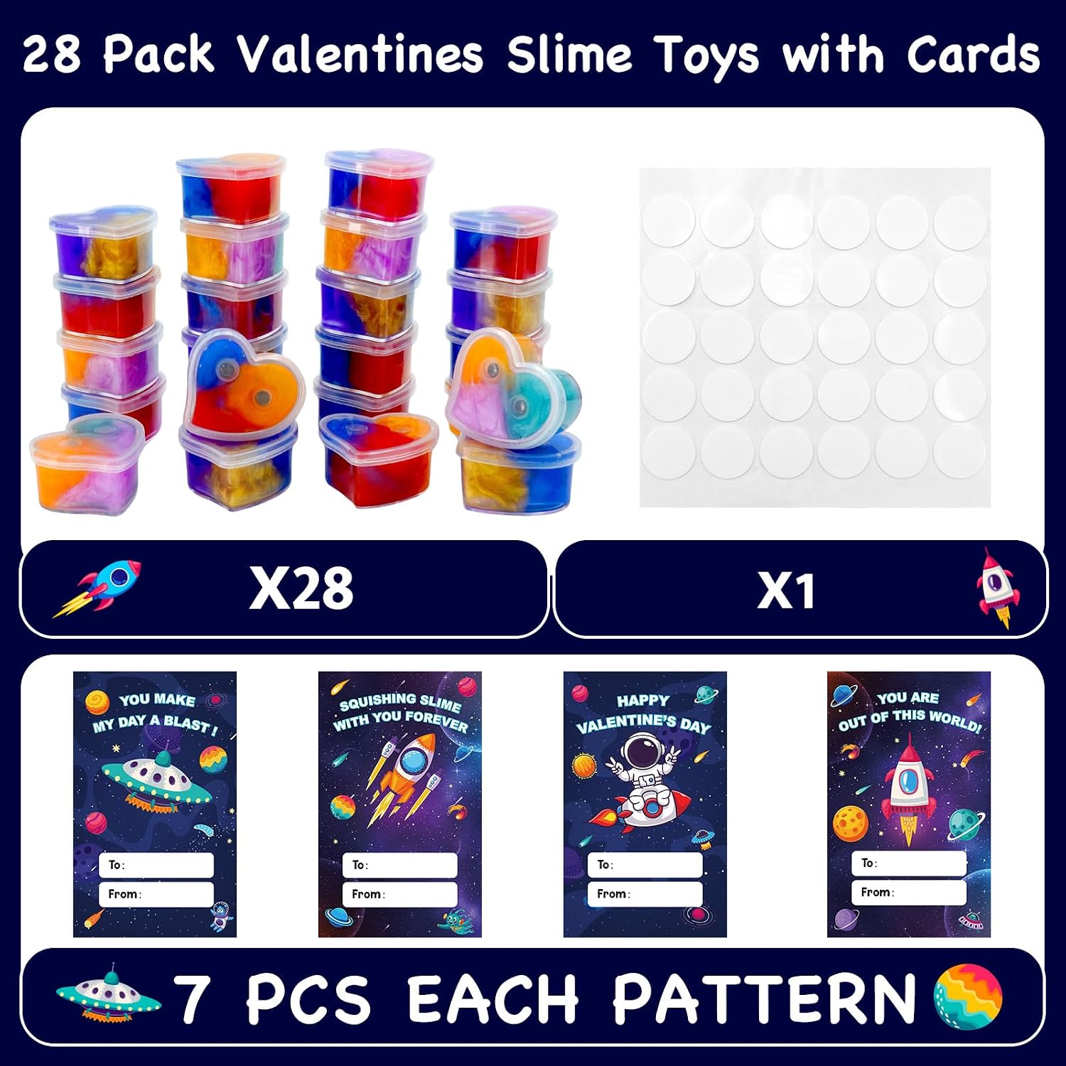 28 Pack Valentines Day Gifts for Kids, Valentines Galaxy Hearts Slime with Valentines Cards Kids Stress Relief Fidget Set Valentines Day Gifts for School Classroom Exchange Party Favors Supplies