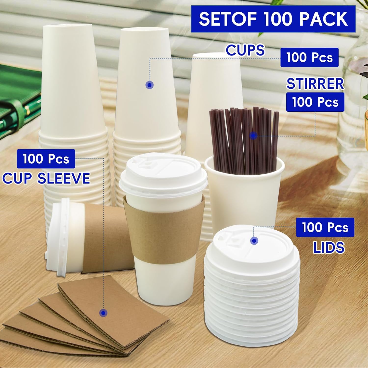 100 Pack Disposable Coffee Cups With Lids straws sleeves Disposable cups Paper Cup Tea Cups for Hot To with lids Cupping set Beverages shop Home Office Party Travel (16, Fluid Ounces) image 2