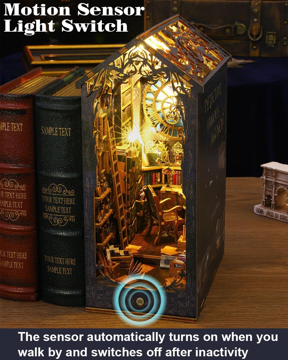 DIY Book Nook Kit Decor - 3D Wooden Puzzle Bookshelf Decor with LED, Bookend Diorama DIY Miniature Dollhouse Kit Crafts Hobbies Gifts for Adults (Detective Agency)