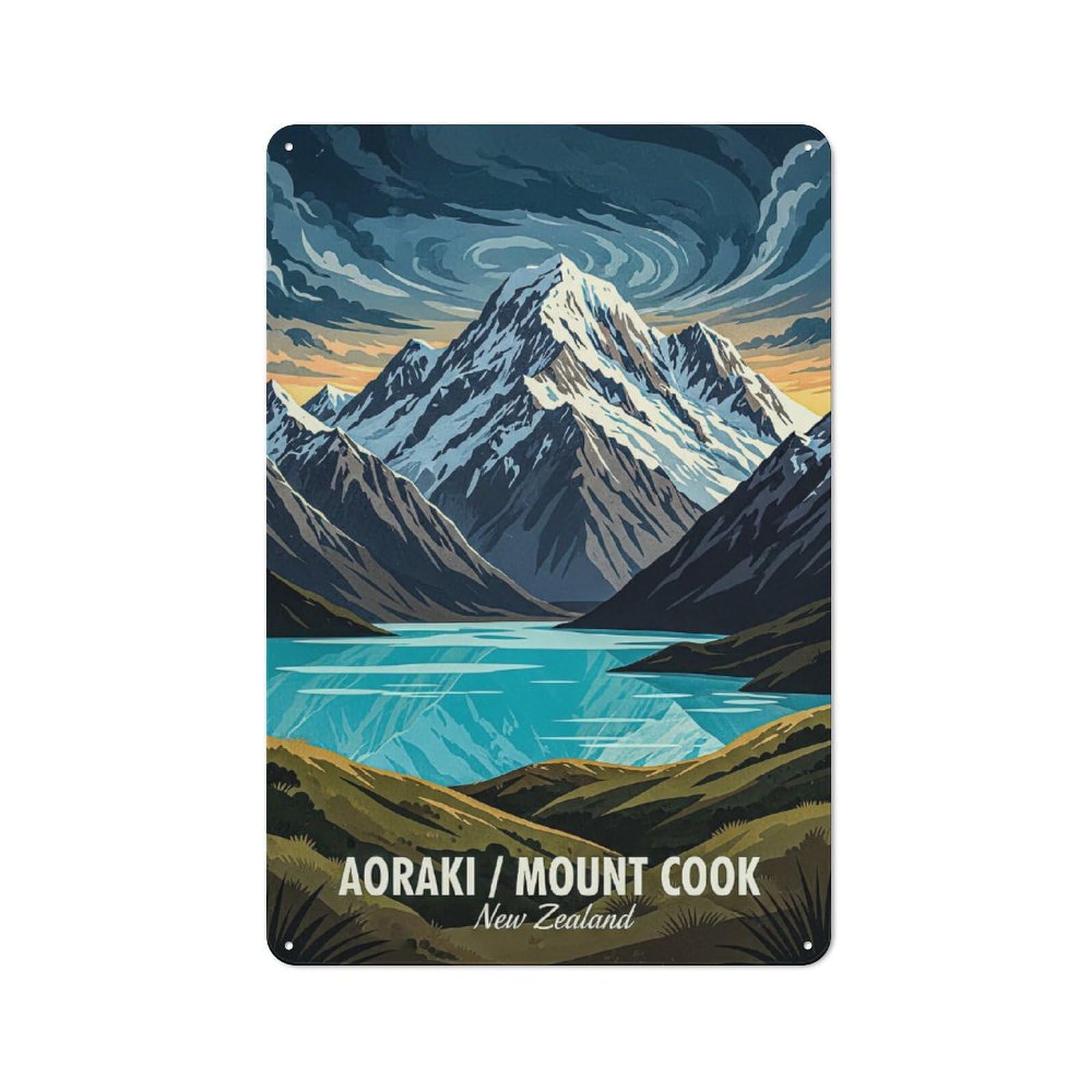 Junmoney Style-22 Retro Metal Wall Plaque 30X20cm Featuring Aoraki Mount Cook New Zealand, Room Wall Plaque For Hallway, Home Bar, Garage Or Study