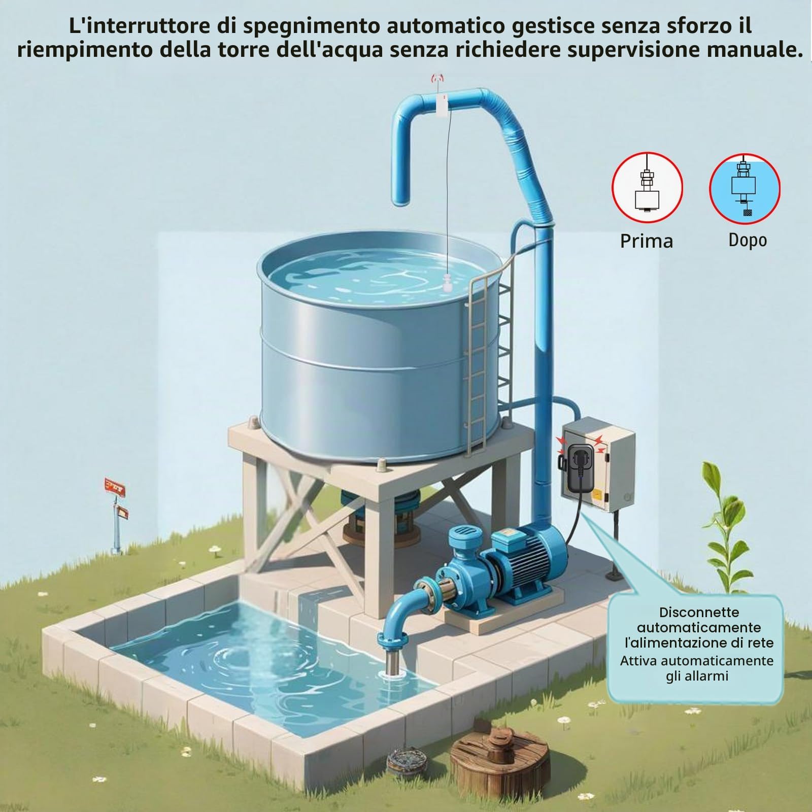 Interruttore Protezione Automatica con Sensore Livello Acqua Wireless - Controllo Livello Alto/Basso | Allarme 100 dB, Portata 100 m - per Torri Acqua, Fosse Settiche, Agricoltura e Industria