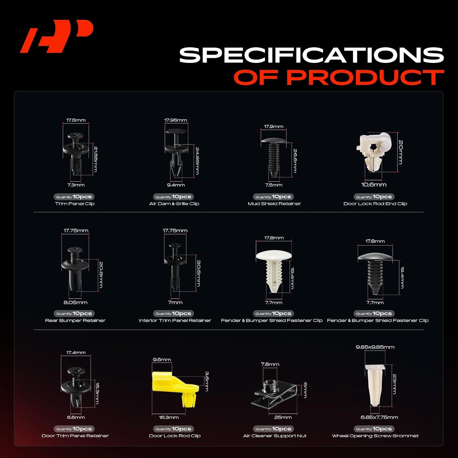 A-Premium 18 Sizes 48.16oz Bumper Fender Door Trim Retainer Clips Kit Compatible with Ford E-150/E-250/E-350/E-450 2005-2007 Mud Car 180PCS Plastic Rivets Fasteners Push Retainer Kit, w/Removal Tool