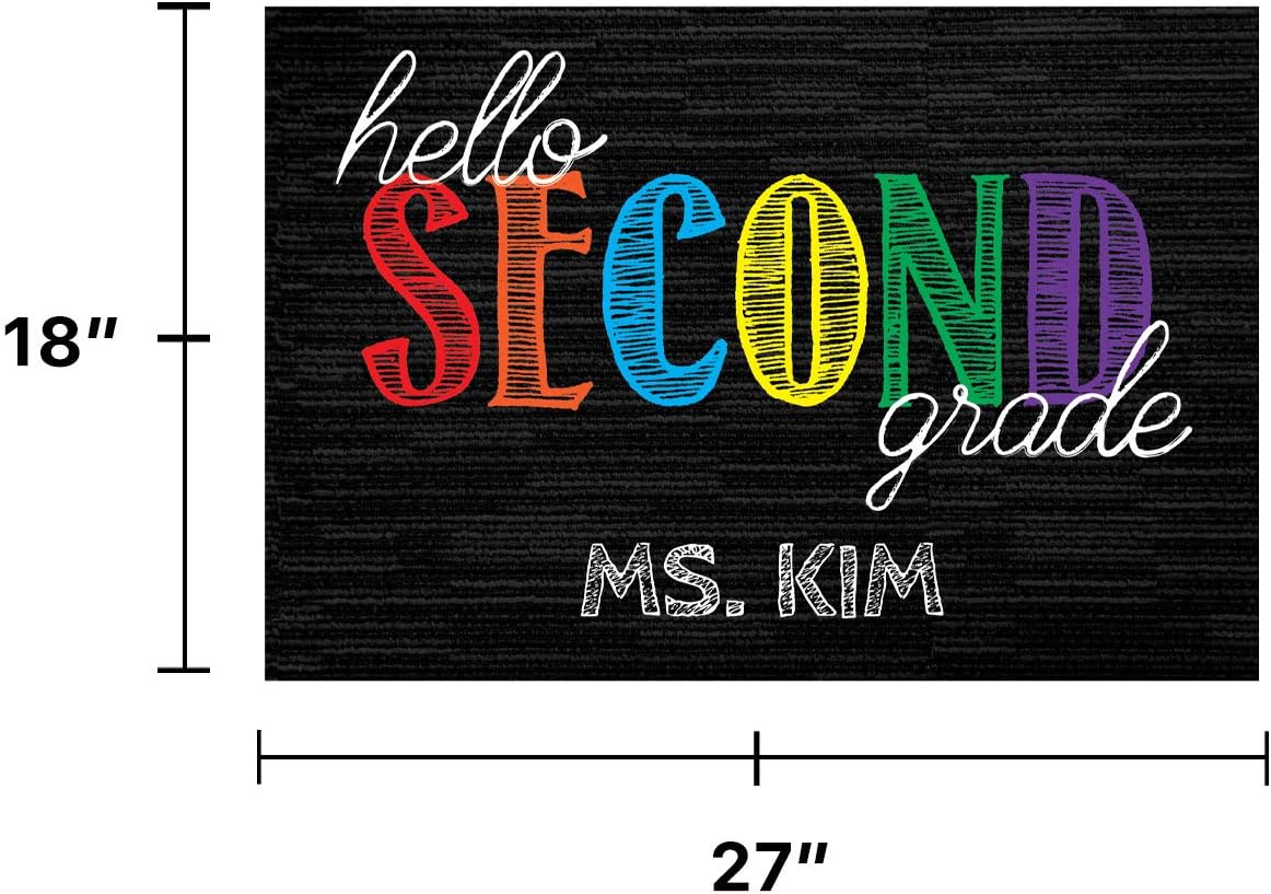 Personalized Planet Hello Second Grade Doormat with Custom Teacher Name Printed on Black Rectangular 1/8” Thick Non Slip Mat for School Classroom or Home, 27x18
