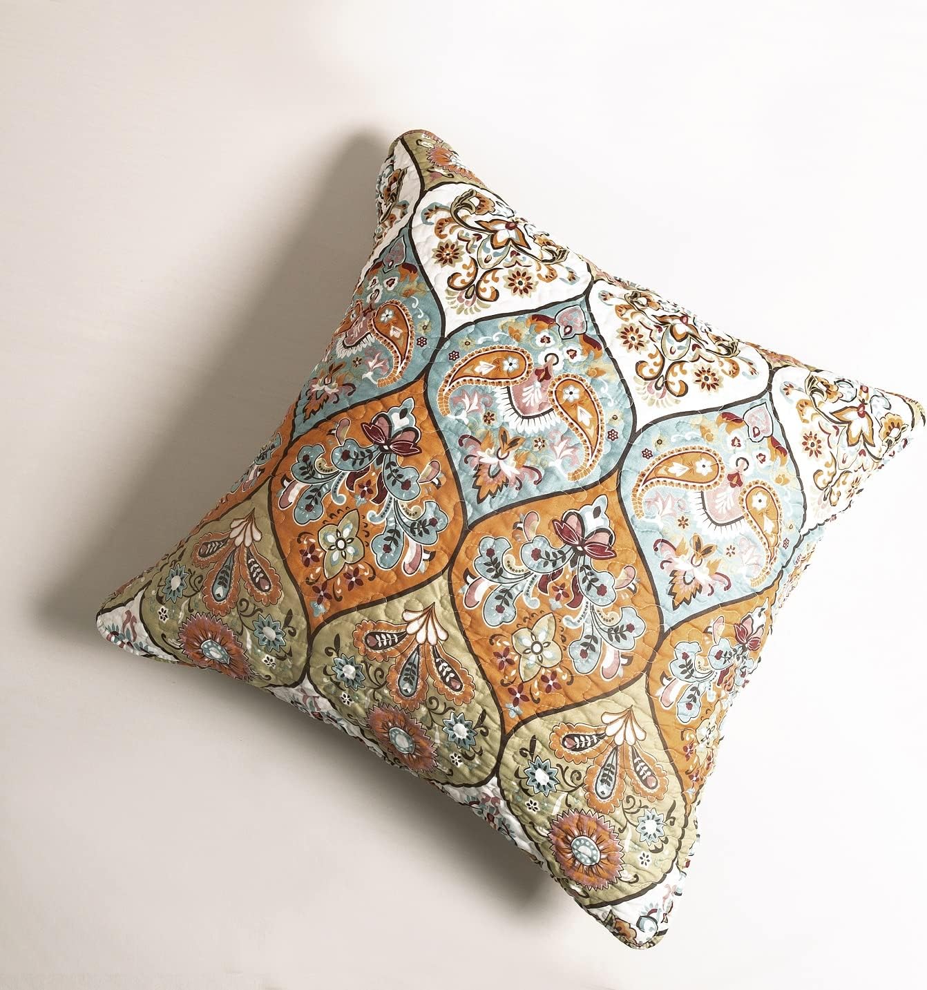 DaDa Bedding Paisley Bohemian Euro Sham - Coral Teal Floral Botanical Garden Party - Bright Vibrant Multi-Colorful Blue Salmon Pink - European Pillow Cover 26" x 26" - 1-Piece