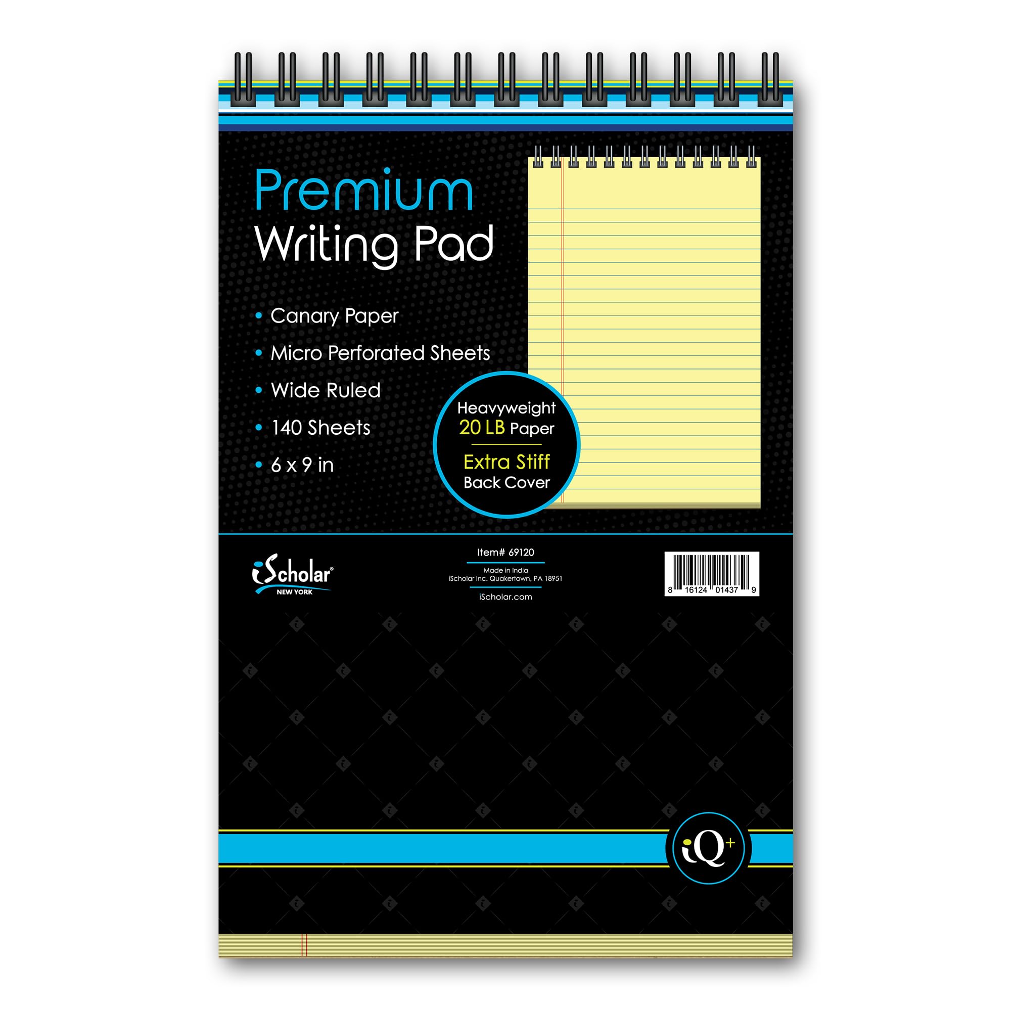 iScholar iQ Premium Writing Pad Canary 6 x 9 140 Sheets Double-Wire 69120