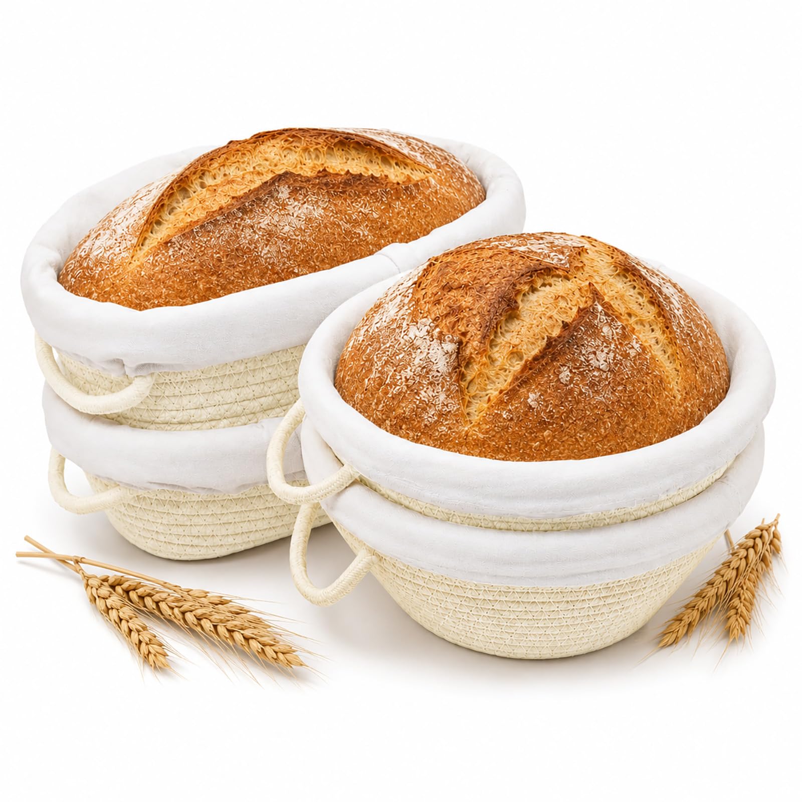 Gärkörbchen Set Rund & Oval aus Baumwollseil mit Leinen & Abdeckhauben,4 Packung
