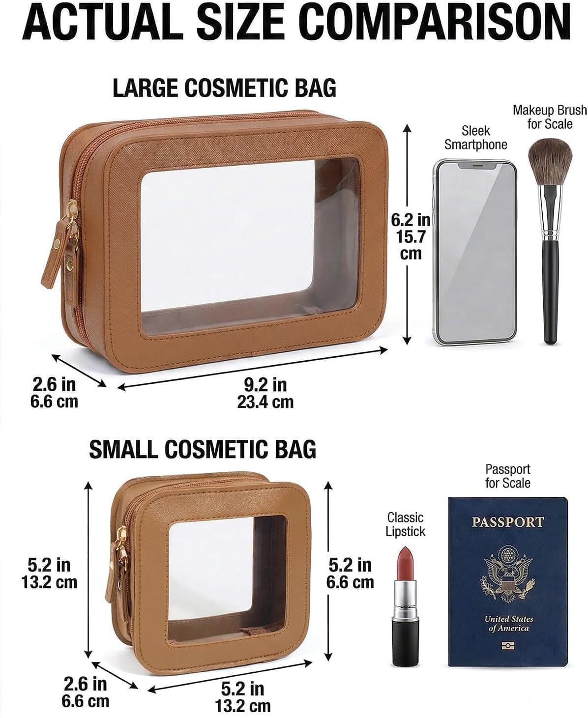 LETGO Clear Makeup Bag Organizer Set, Travel Toiletry Bag Cosmetic Case for Women, Portable Make up Skincare Pouch Car Organizer Bag with Zippers for Essentials (2Pack-Standard & Square, Brown)