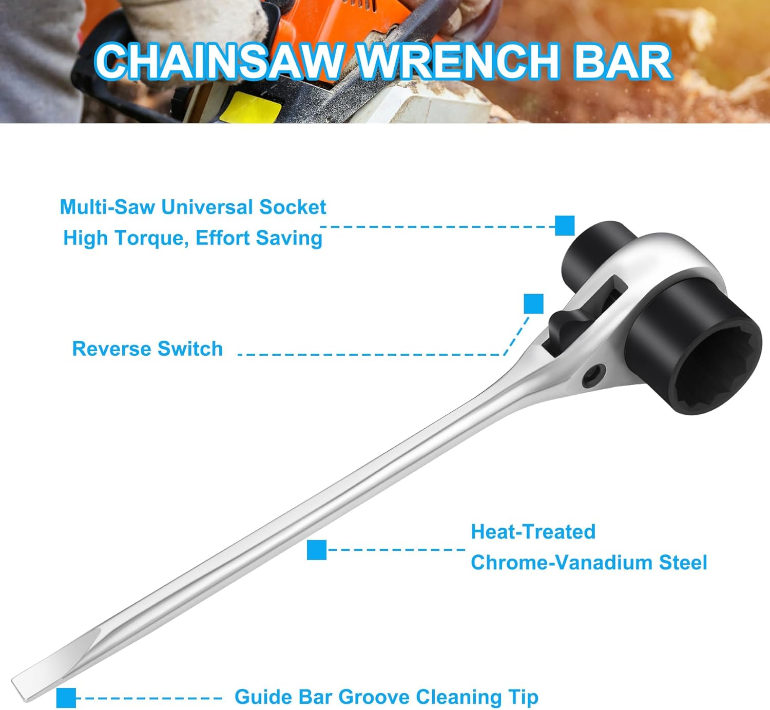Chainsaw Maintenance Tool,Dual 13 mm & 19 mm(1/2x3/4T-Bar Wrench),Cold-Forged Chrome Vanadium Steel with Dual-Taper Groove-Cleaner Tip Chainsaw Wrench 2 Pack
