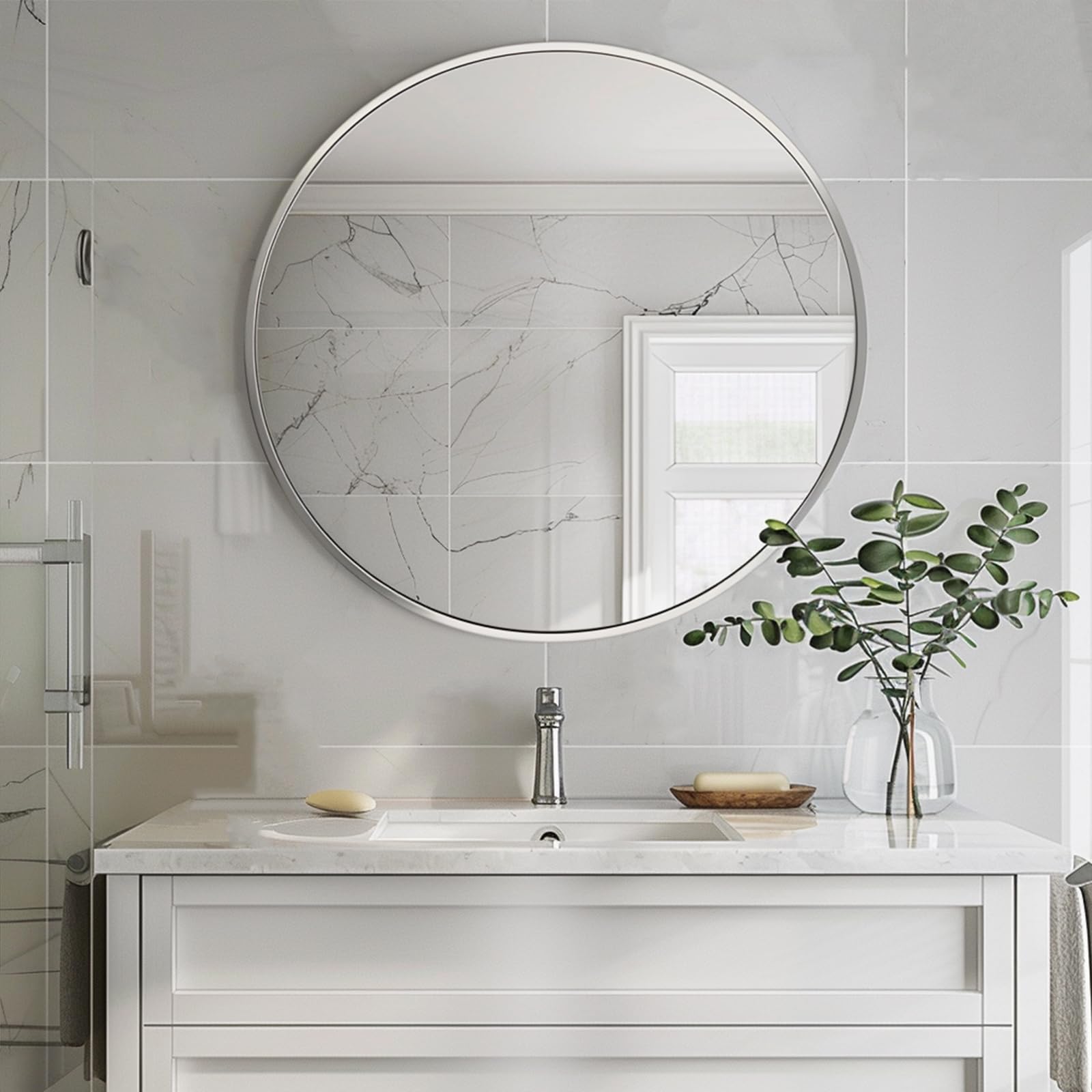 Snapklik.com : Silver Round Mirror 30 Inch, Round Bathroom Mirror ...
