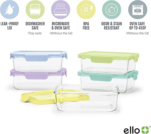 Miniatura 3 de Ello Color Lock - Juego de 5 tazas de 5 tazas de vidrio para preparación de comidas, a prueba de fugas, con tapas de plástico herméticas sin BPA,