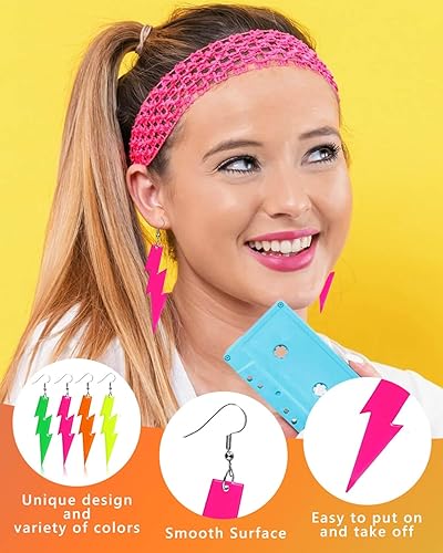 Miniatura 4 de 4 pares de aretes de neón de los años 80, color caramelo, acrílico, neón, rayo, aretes colgantes para mujer, aretes colgantes retro coloridos para