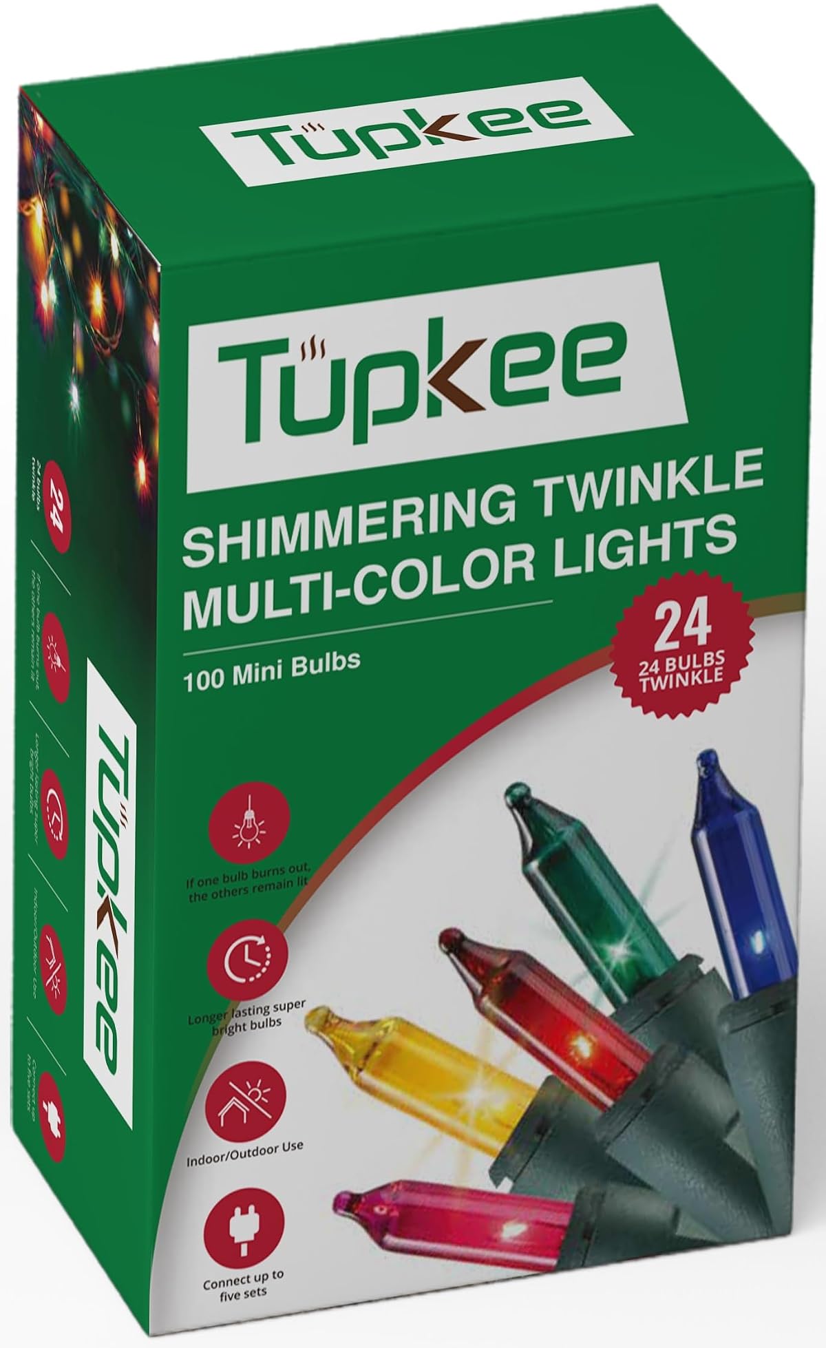 Tupkee Christmas Twinkle Lights - 20.5ft Indoor/Outdoor, 100 Multi-Color Bulbs,
