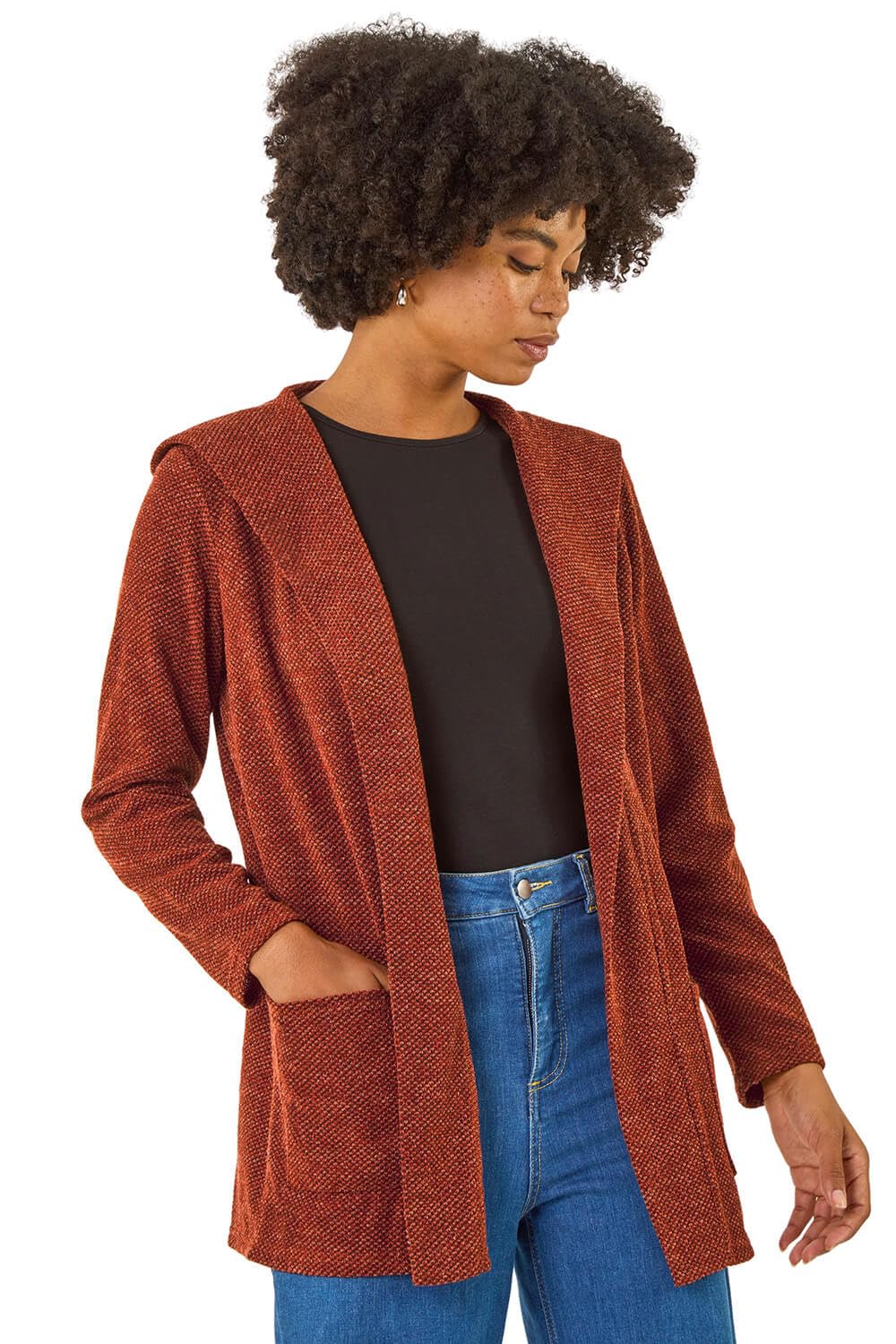 Roman Originals Women's Rust Longline Hooded Cardigan For Uk - Everyday Autumn Winter Comfy Soft Evening Vacation Work Party Night Out - Size 20
