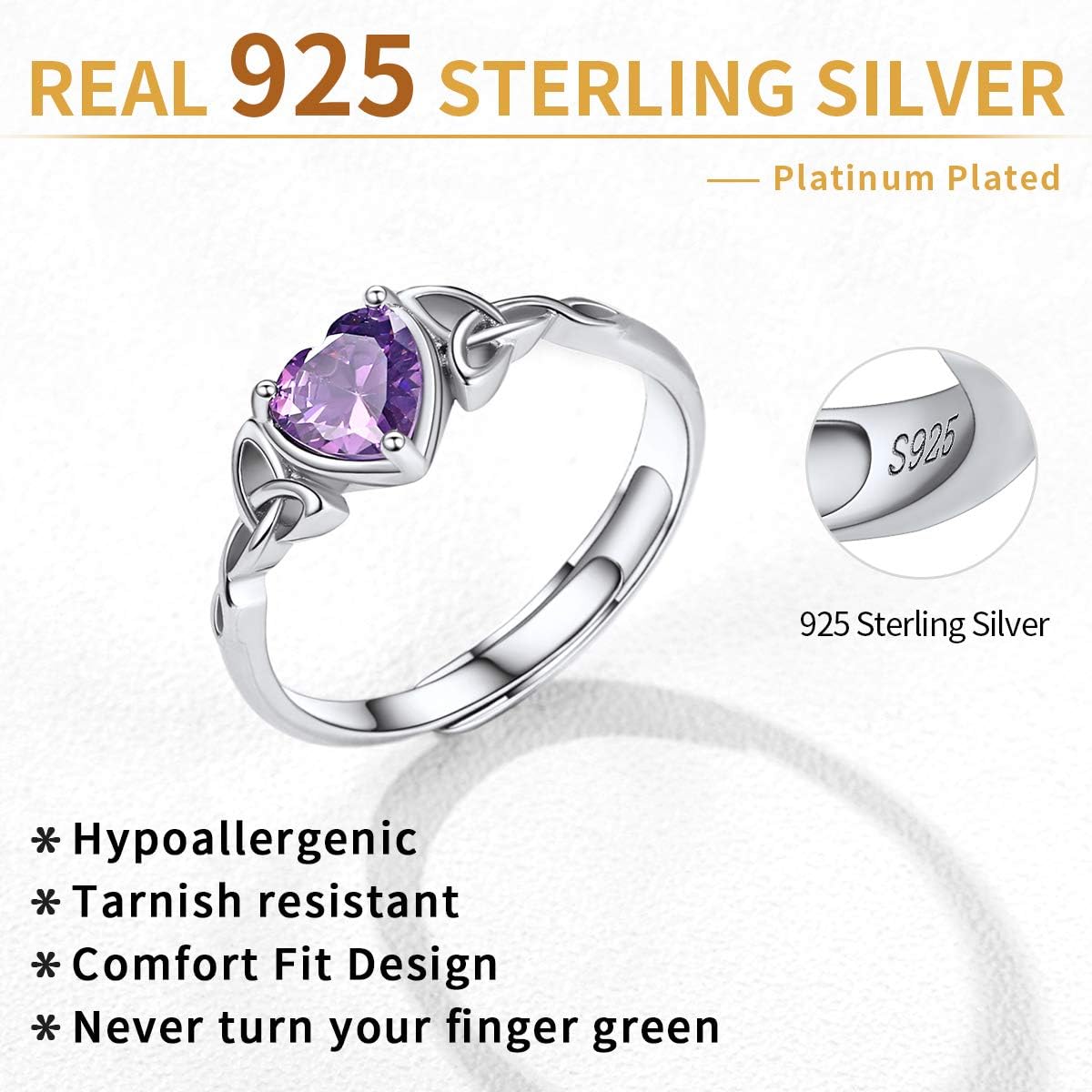 ChicSilver 925 Sterling Silver Celtic Knot/Claddagh Heart Shape Birthstone Promise Ring for Women - Image 3