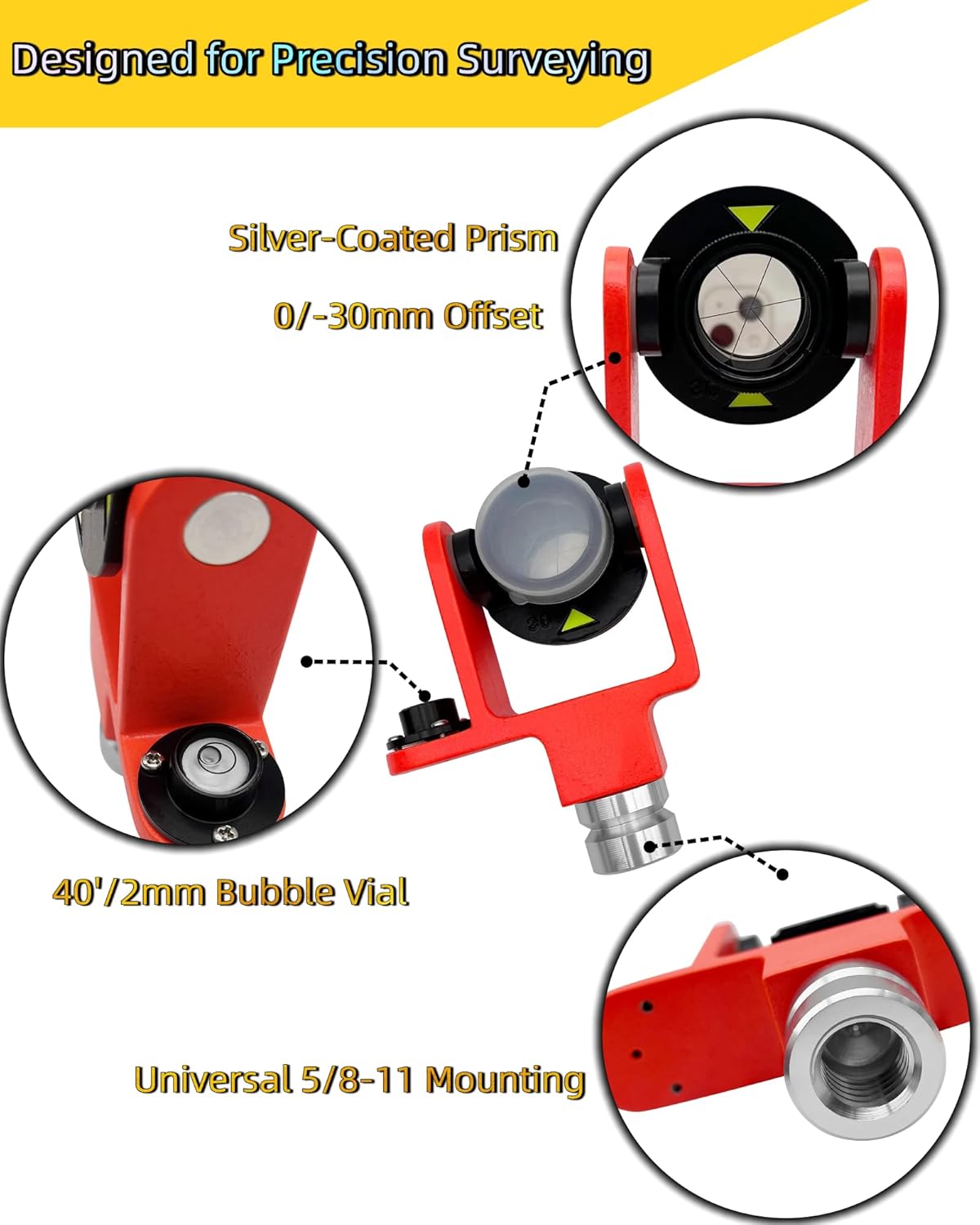 Surveying Mini Prism Reflector System 0/-30 mm Offset Surveying Prism Kit with Soft Padded Case Mounting Accessories for Topcon Trimble Sokkia Swiss-Type Total Stations (Silver-Coated Mini Prism)