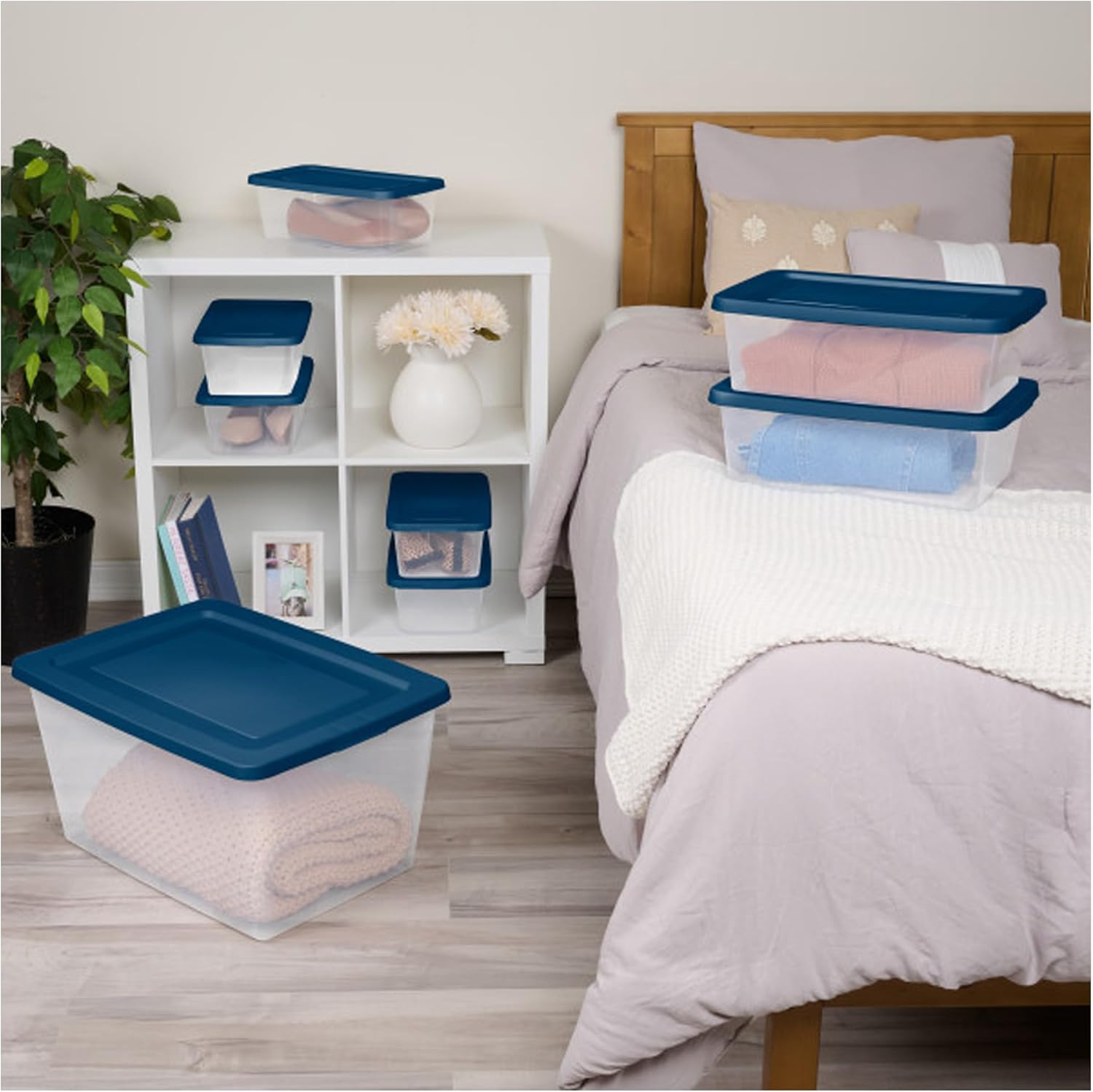 Sterilite 8 Pack Storage Boxes, Clear Plastic Stackable Containers, Lightweight Home Organizers with Snap Lids, 58 Quart, Marine Blue