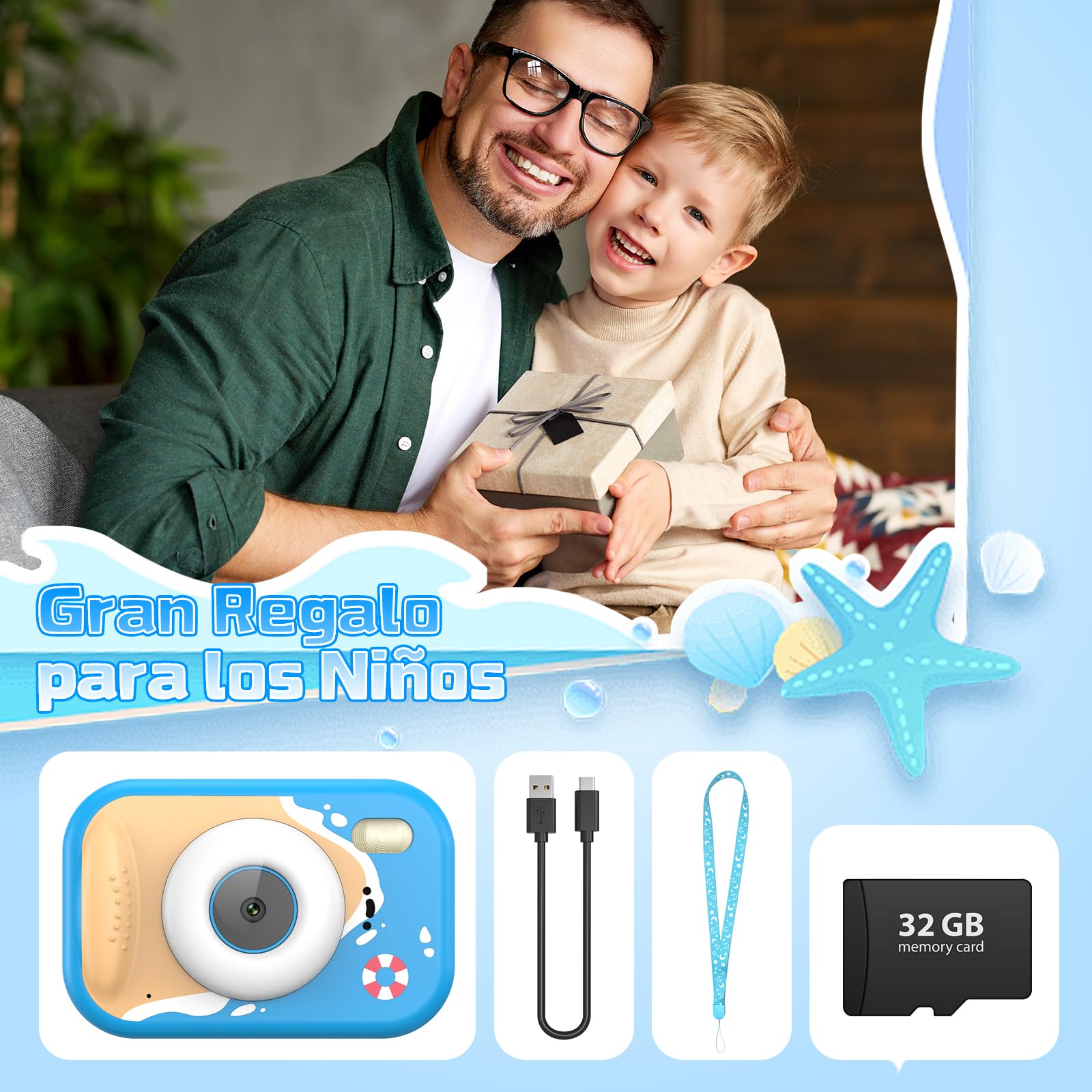 CHAKEYAKE Camara Acuatica Infantil, IP67 1080P Cámara subacuática con Zoom 10X, Pantalla de 2.4”, Tarjeta 32GB, Juguete para Piscina y Playa, Regalo para Niños y Niñas de 3–12 Años, Azul