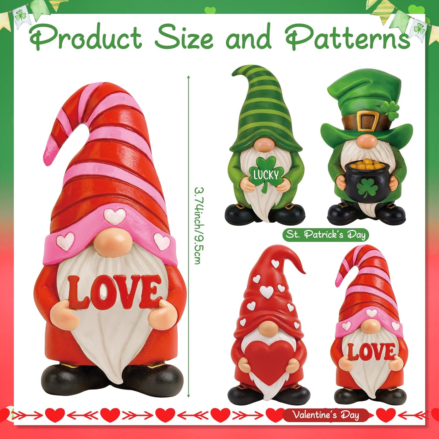 Simgoing 4 Pcs Holiday Gnomes Figurines 2 Valentines 2 St Patrick's Day Gnomes, Resin Love Heart Figurines Lucky Tabletop Decor Holiday Statues Centerpieces for Spring Home Table Tiered Tray
