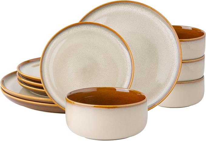 LeRatio Dinersets voor 6 personen, 18-delige handgemaakte geëtste steengoed borden en kommenset, krasbestendig, reactief glazuur serviesset, vaatwasser, magnetronbestendig serviesset, cappuccino