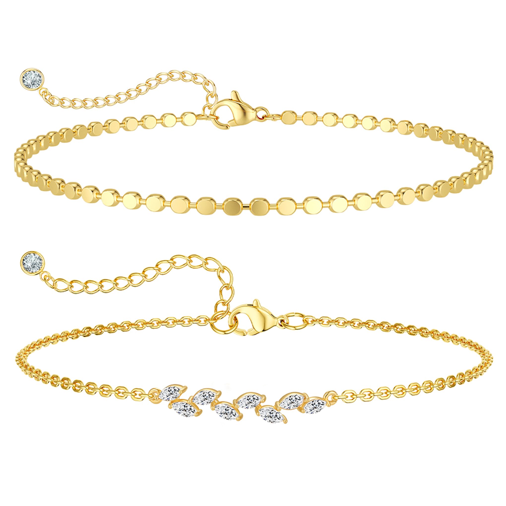 MIDEEO Bracelets for Women Dainty Layered Herringbone Twisted Rope Chain Bracelets Set Layering Dot CZ Leave Beaded Bracelets Dainty Cubic Zirconia Tennis Chain Bracelet Jewelry Gifts