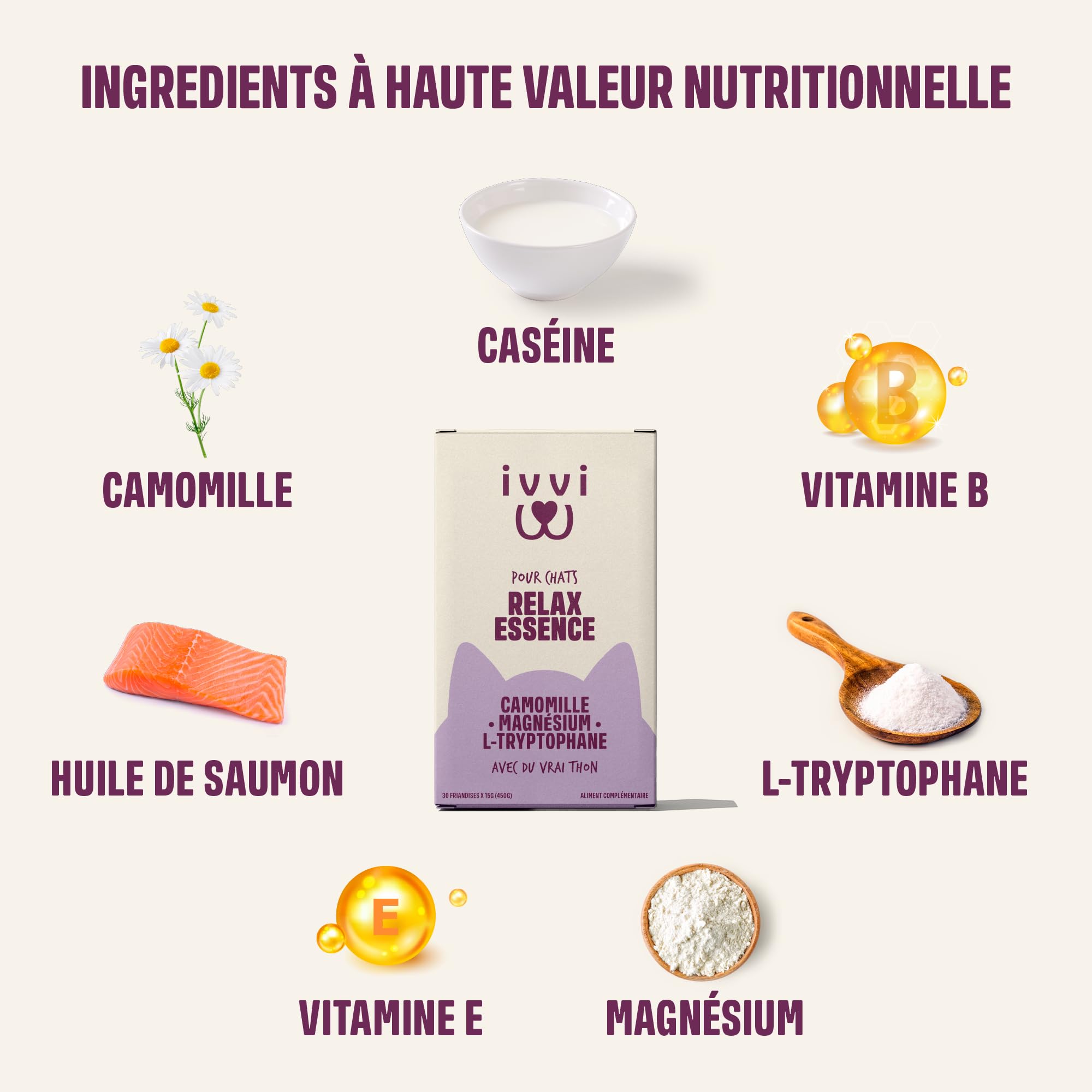 ivvi Calmant pour Chat Relax Essence – Crème à Lécher Anti-Stress Chat avec Camomille, L-Tryptophane & Magnésium – Soutien du Calme et du Bien-Être – 30 x 15g – au Vrai Thon