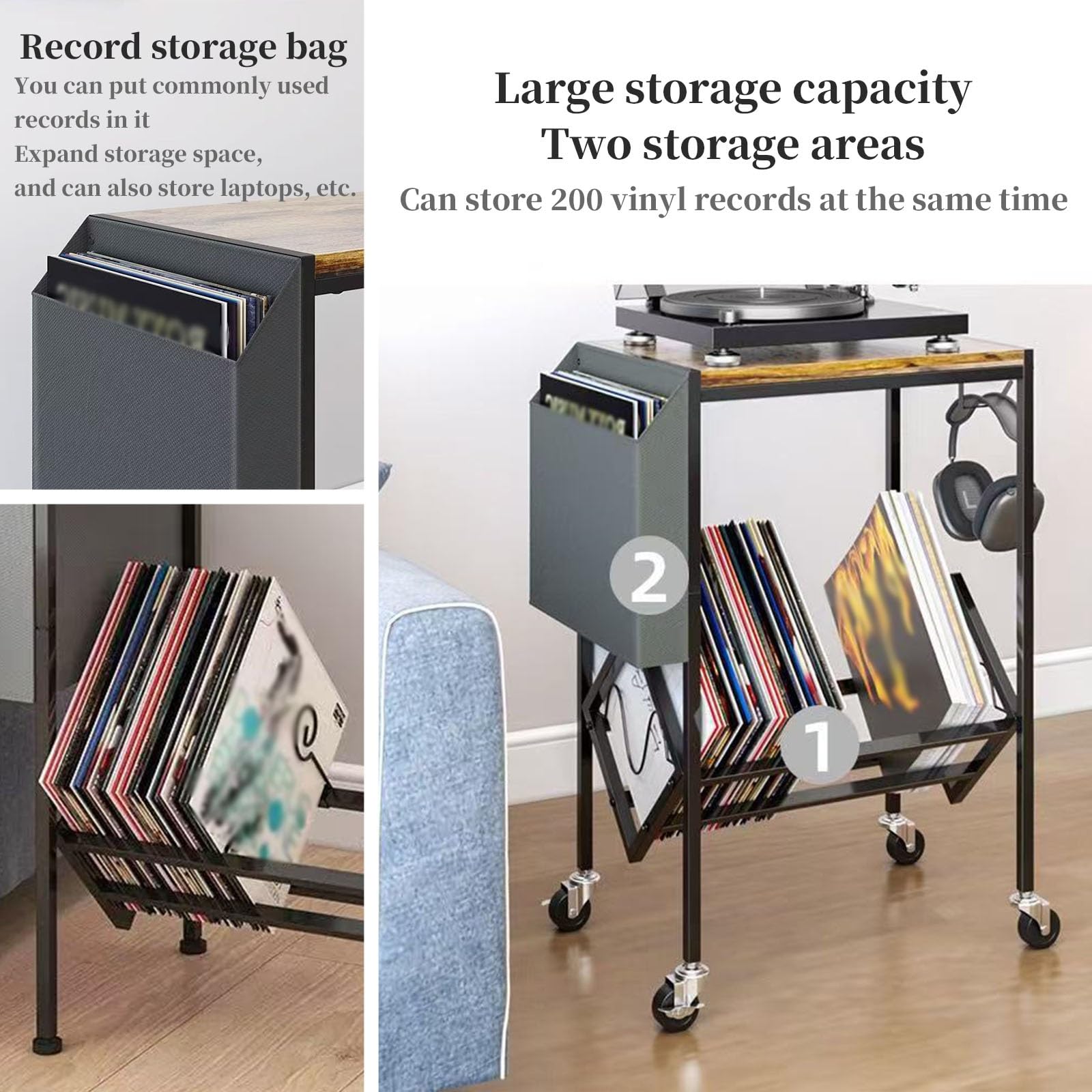 Stojak na płyty winylowe z kółkami, 2-poziomowy stojak mieści do 200 LP, regulowane przegrody, torba do przechowywania, metalowa rama retro, na gramofon, wielofunkcyjny regał na książki