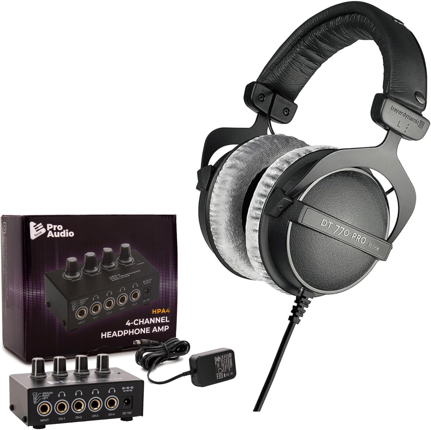 beyerdynamic DT 770 PRO 80 Ohm Over-Ear Studio Headphones (Black) with Compact 4-Channel Stereo Headphone Amplifier with DC 12V Power Adapter Bundle (2 Items) beyerdynamic DT 770 PRO 80 Ohm Over-Ear Studio Headphones (Black) with Compact 4-Channel Stereo Headphone Amplifier with DC 12V Power Adapter Bundle (2 Items)