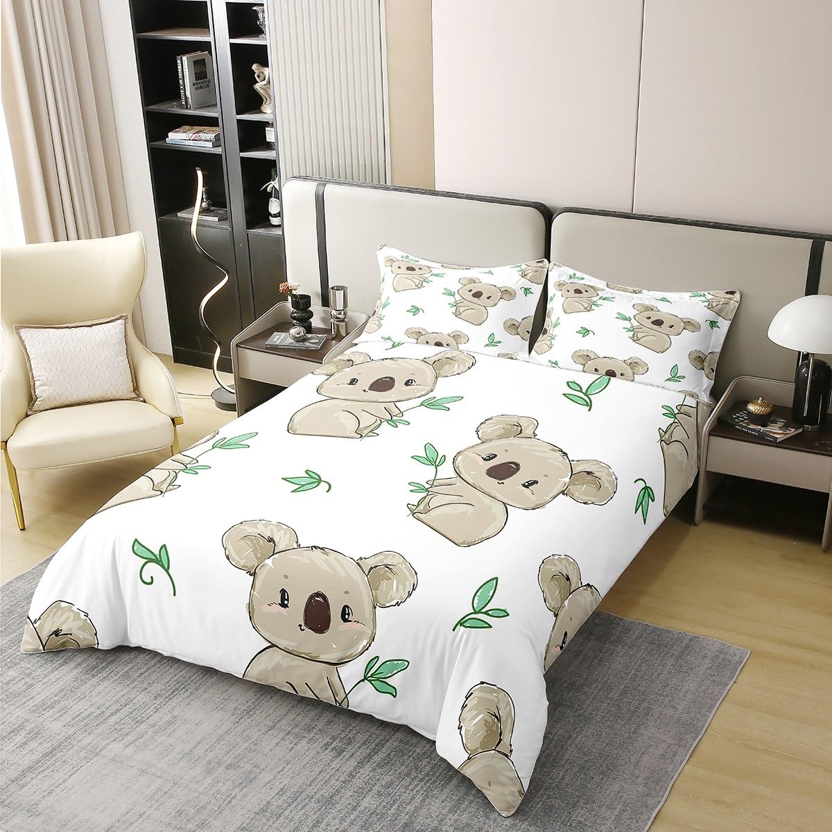 Koala 100% Cotton Duvet Cover Double Size Cute Koala Bedding 100% Cotton Set for Kids Boys Girls Teens Room Decor Cartoon Koala Comforter Cover Set Animal Bedspread Cover 3Pcs Zipper - Image 3