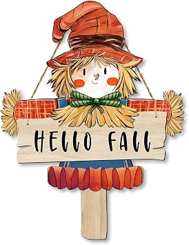 Fall Decor Fall Decorations for Home - Thasnksgiving Gifts - Hello Fall Sign Scarecrow Design Wall Decor - Wooden Front Door Hanger for Harvest Farmhouse Porch Indoor Home Decorations