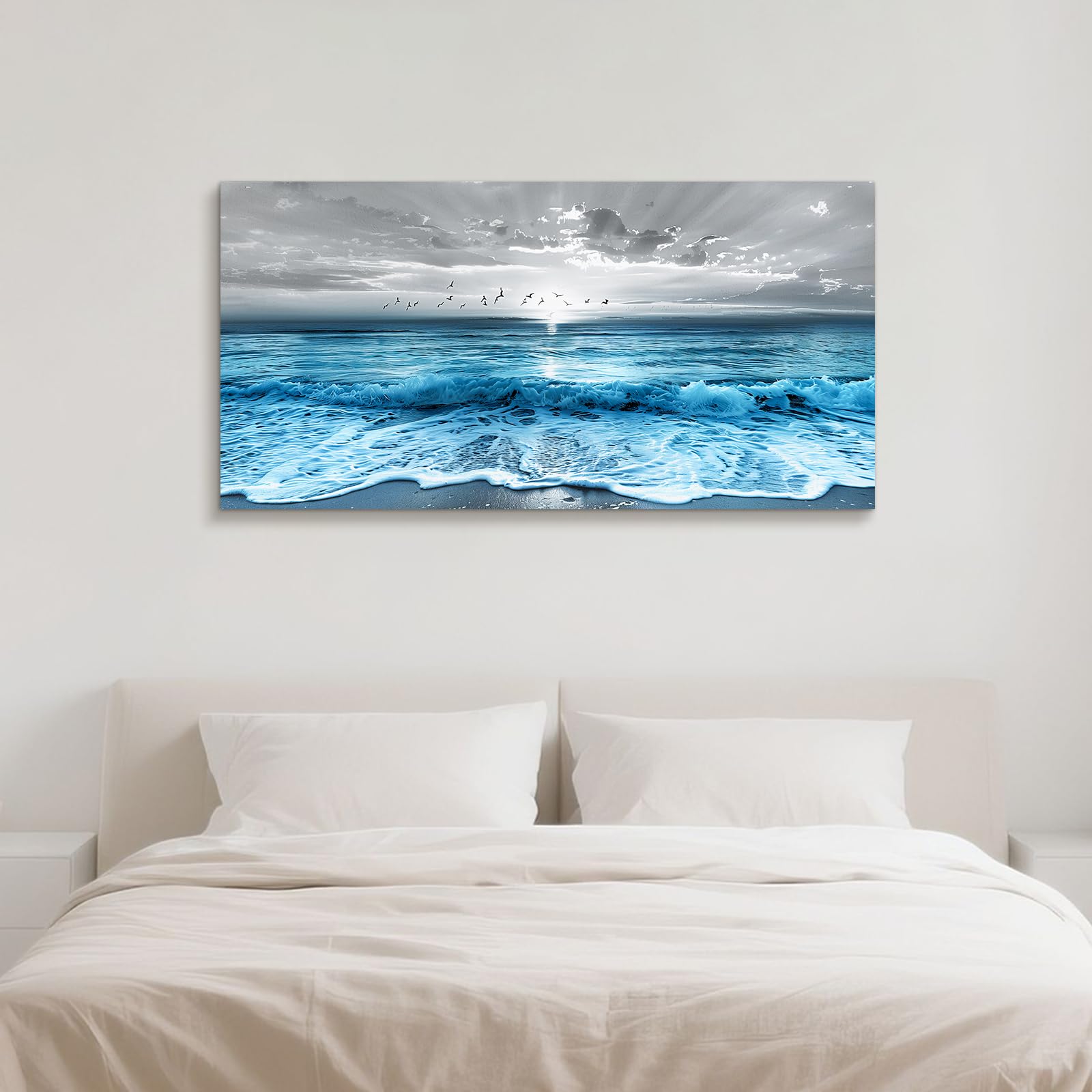 JHHUAMO Cuadros Decorativos Natural Mar para Salon Dormitorio 59x119 cm | Motivo Amanecer Marino con Olas, Motivo Exquisito, Impresión Alta Definición, Colgado Sencillo, Uso Polivalente