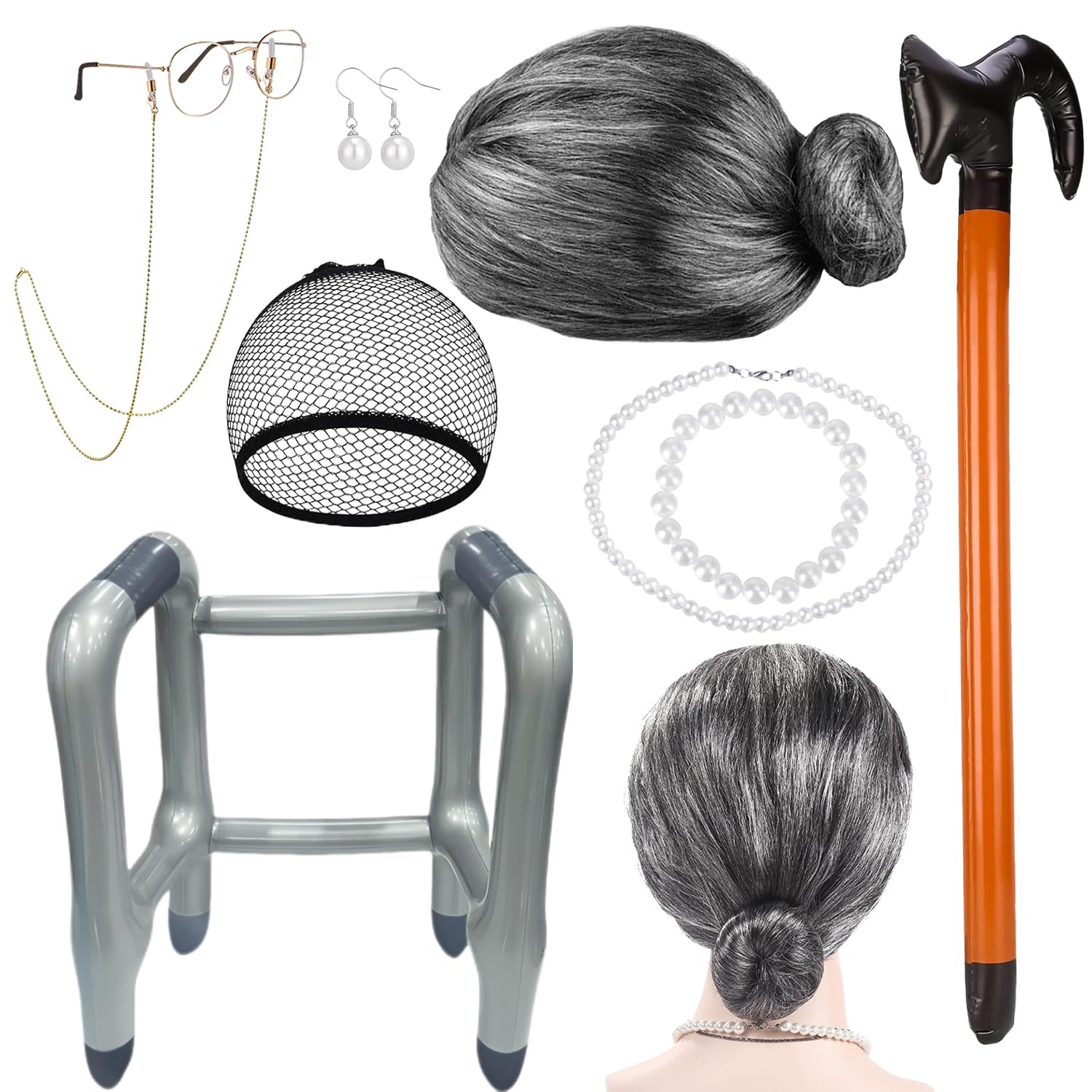 9 Stück Oma Kostüm Rentner Kostüm Perücke Grau Brillenketten Perlenohrringe Armbänder Halsketten Spazierstöcke Haarnetze Aufblasbarer Gehhilfe für Rollenspiel Halloween Karneval