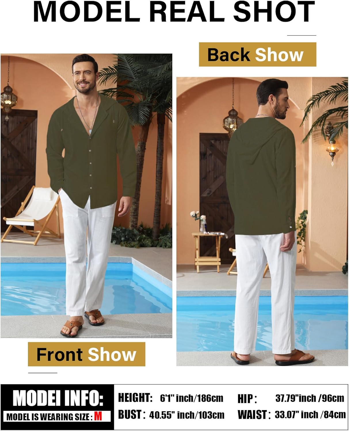 Mens Linen Shirts Casual Button Down Shirts Long Sleeve Roll-Up Sleeve Summer Beach Shirts Tops with Hood - Image 4