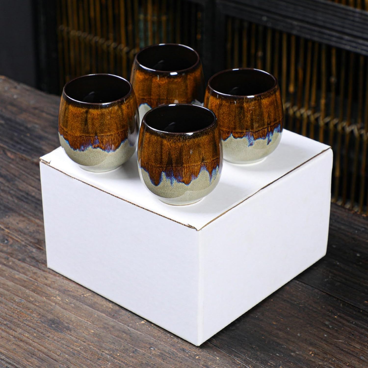 5.07oz Ceramic Kiln Espresso Cup Set - Japanese Tea Cup - Creative Potbelly Cup-Kiln Yellowing -100ml Four Pack-101-200ml