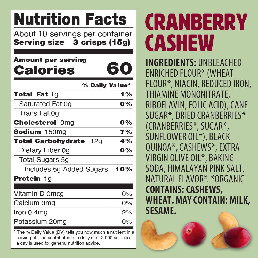 Kii Naturals Organic Artisan Crisps, Healthy Snack Crackers for Cheese & Charcuterie Boards; Non-GMO, USDA Organic, Kosher, No Preservatives - Cranberry Cashew, 5.3 Ounce (Pack of 6)