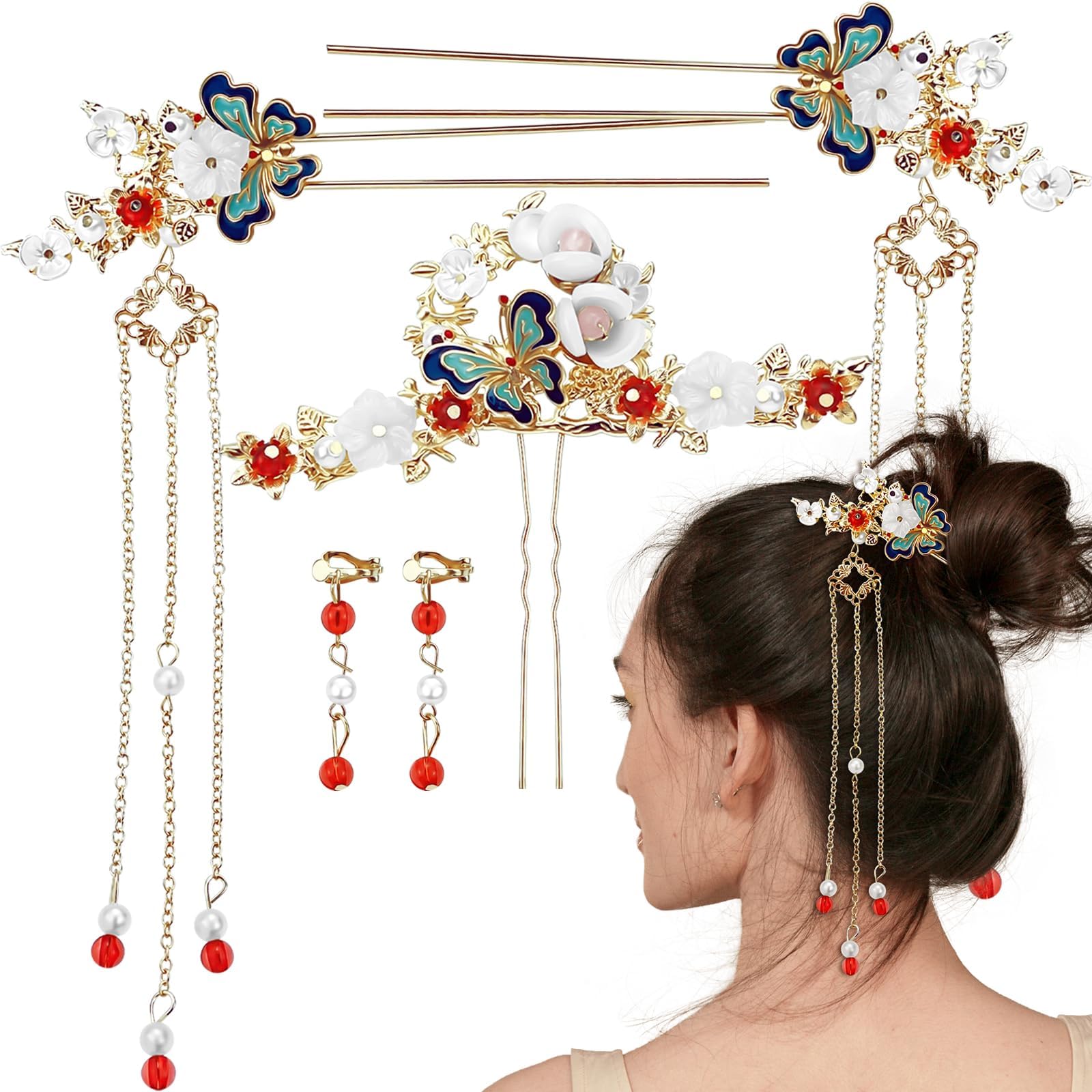 Aswewamt 5 Pcs Butterfly Chinese Tassel Hair Stick Peony Flower Crystal Pearl Hanfu Hair Pins Classical Floral Wedding Headpiece Brides Hair Jewelry Accessories for Updo Long Hair Women Girls