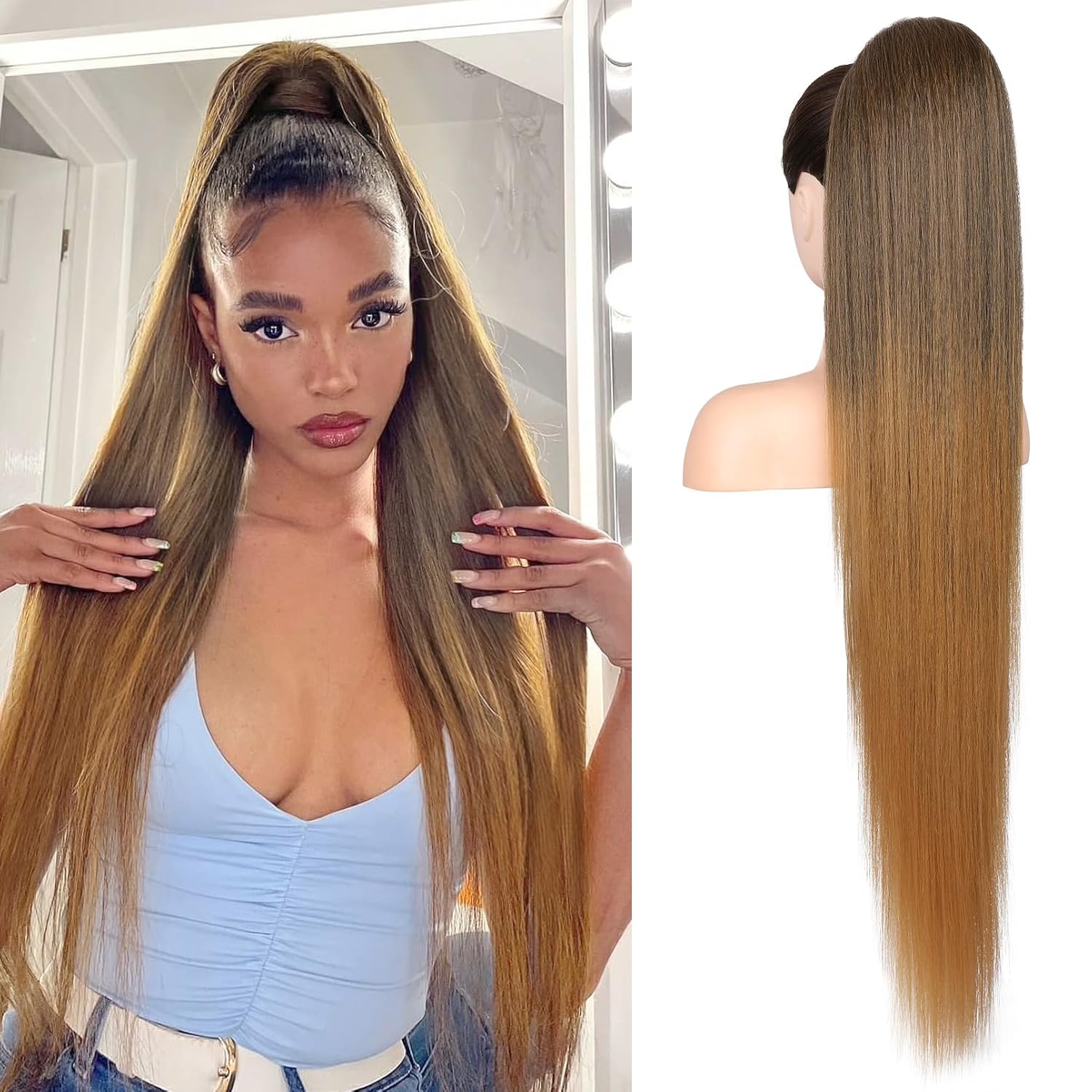 FLUFYMOOZ ponytail extension, 36 Inch Long Straight Drawstring Ponytail Synthetic Hairpieces Fake Pony Tails Natural Soft Clip in Hair Extension ponytail for Women (Chocolate Brown to Light Brown)