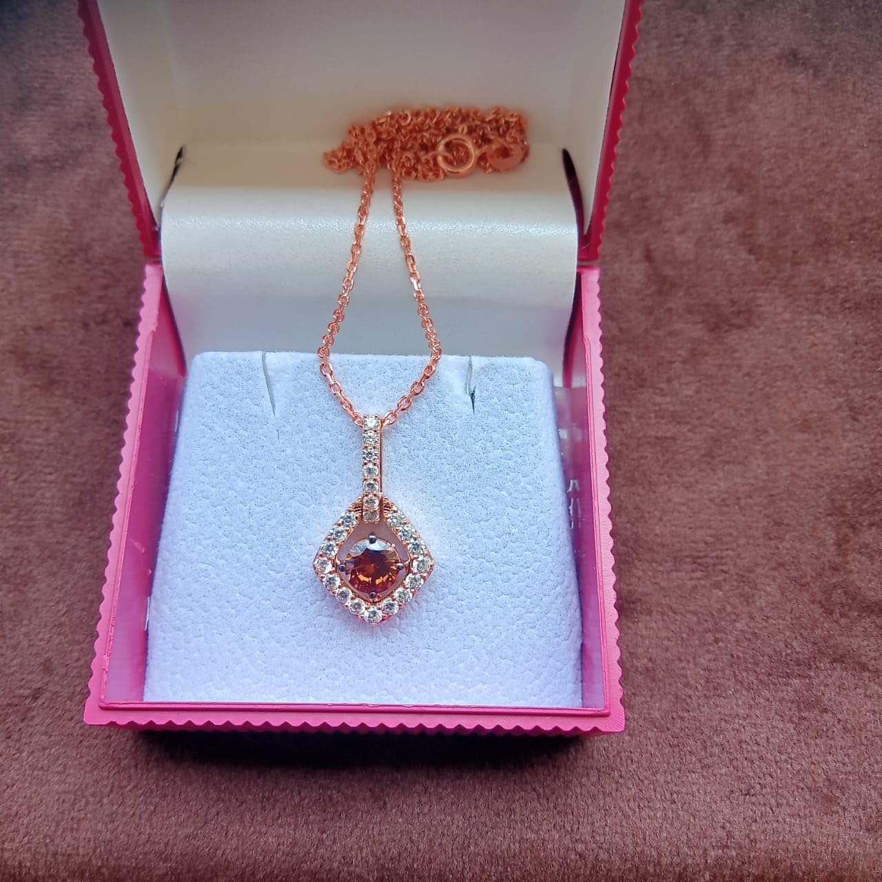 1.50 CT Round Shape Brown and White Diamond Prong Set Wedding Engagement Pendant Necklace with 18" Rope Chain In 14K Rose Gold Plated
