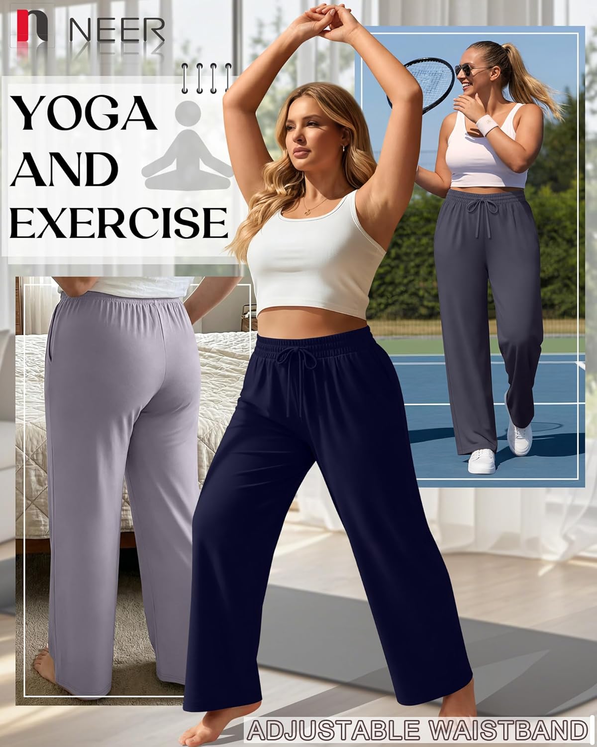 Neer 4 Pack Women's Plus Size Sweatpants Wide Leg Elastic Waist Lounge Yoga Pants Loose Fit Drawstring Jogger with Pockets - Image 3