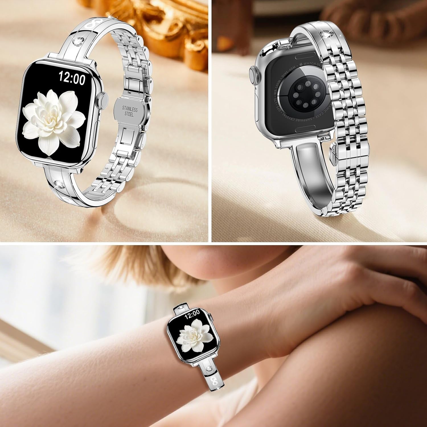 Thin Stainless Steel Bands Compatible with Apple Watch 38mm 40mm 41mm 42mm (Series 11/10) for Women, Diamond Bracelet Dressy Metal Strap for iWatch Series 9 8 7 6 5 4 3 2 1 SE3/2/1,Silver - Image 3
